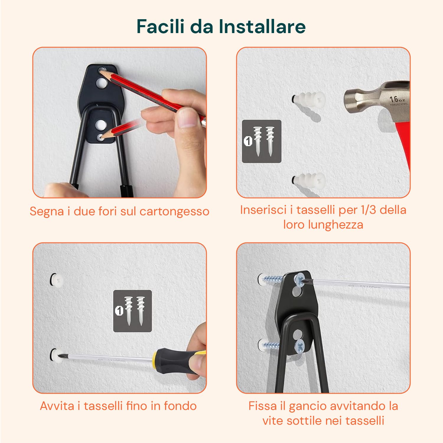 Set 16 Ganci da Parete per Garage e Officina – Porta Bici da Muro, Portabici e Porta Attrezzi da Giardino in Acciaio con Rivestimento PVC Antiscivolo – Organizer Garage Salvaspazio