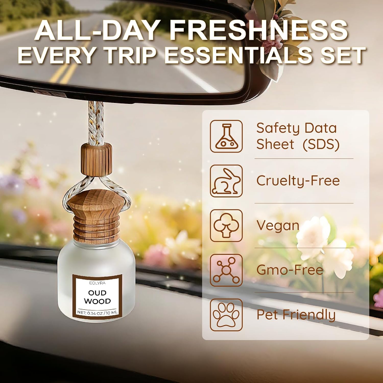 Premium Car Air Freshener Diffuser (6-Pack), 180 Day Long-Lasting Hanging Car Air Freshener & Wooden Lid Essential Oil Car Diffuser & Cute Car Accessories, Gifts for Women/Men, (Oud Wood) image 3