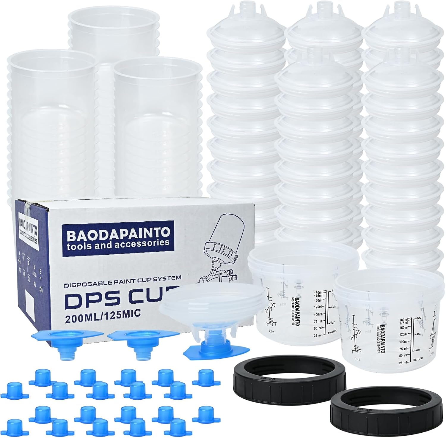 Disposable Paint Cups for Spray Gun, Paint System for HVLP and LVLP Paint Spray Paint Gun, 6.5 Ounce (200ml) Kit with 50 Cups and Lids System, 2 Hard Cups with Retainer Ring, 20 Plugs, 3 Mixing Sticks