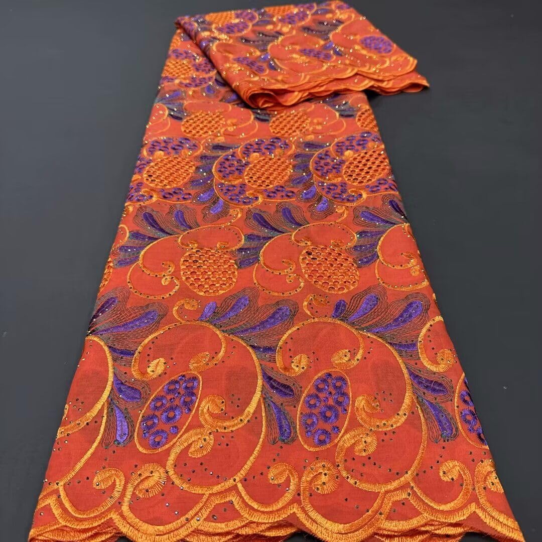 Swiss Voile Lace African Cotton Stones Fabric for Elegant Women Party Wedding Dress Sewing (5 Yards,Orange)