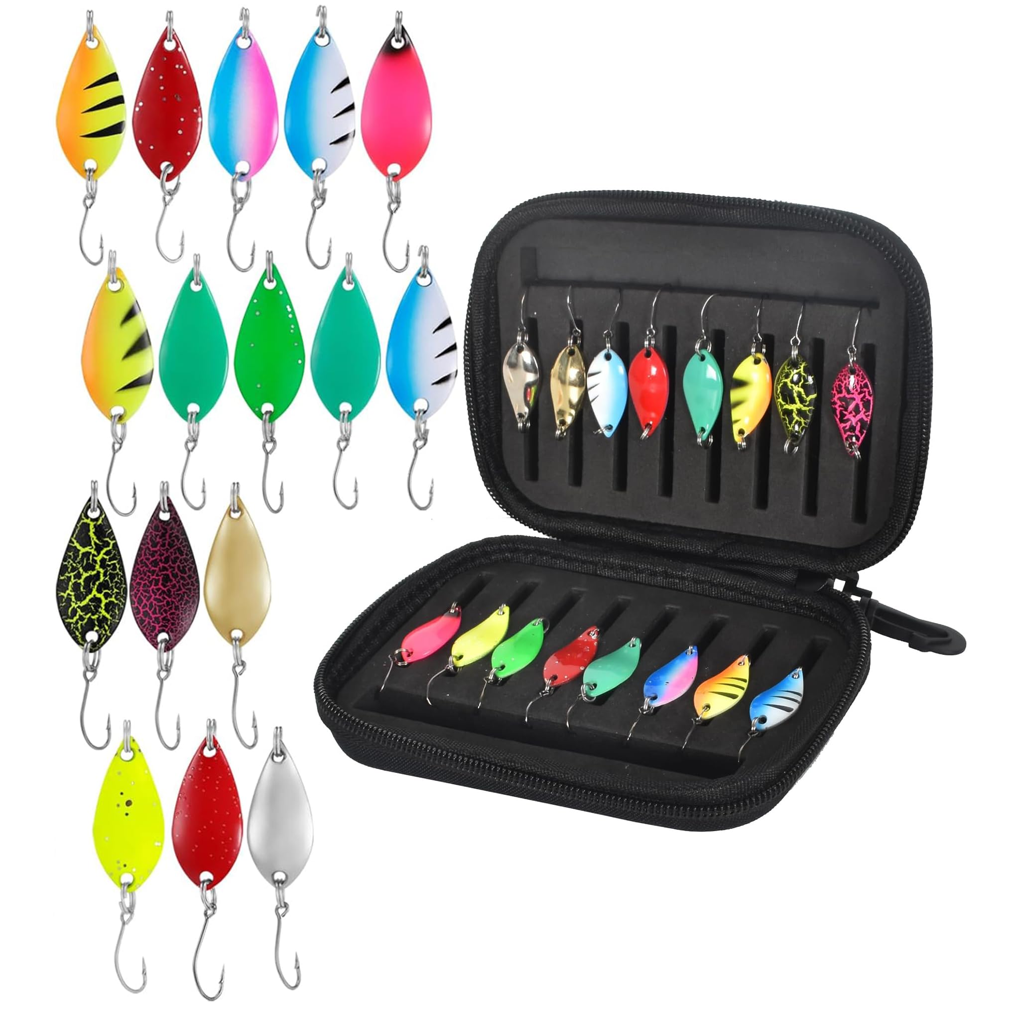 Set cucchiai per trote da 16 Pezzi, Accessori per la Pesca da 2,5g/3,5g/5g con Scatola, filatore per cucchiaini per trote