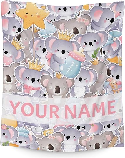 Personalized Koala Blanket Gifts with Name - 60"x80" Cute Throw for Women, Girls - Colorful Soft Fuzzy Blankets for Bed, Couch & Living Room