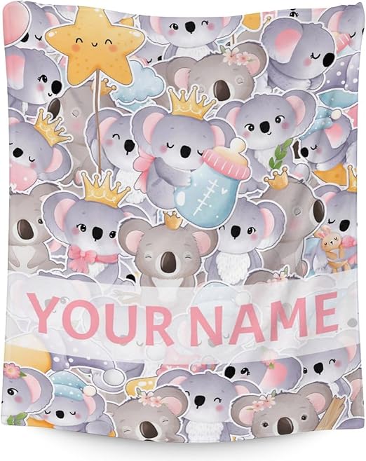 Personalized Koala Blanket Gifts with Name - 60"x80" Cute Throw for Women, Girls - Colorful Soft Fuzzy Blankets for Bed, Couch & Living Room