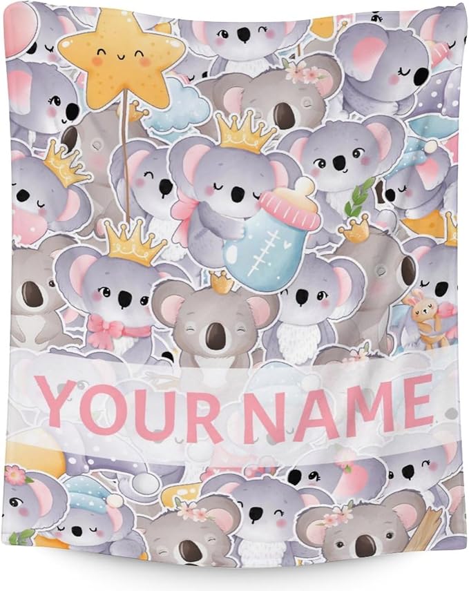 Personalized Koala Blanket Gifts with Name - 60"x80" Cute Throw for Women, Girls - Colorful Soft Fuzzy Blankets for Bed, Couch & Living Room