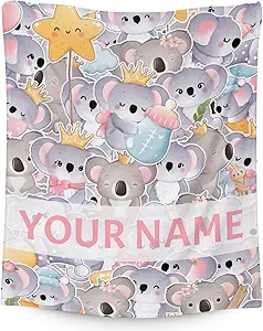 Personalized Koala Blanket Gifts with Name - 60"x80" Cute Throw for Women, Girls - Colorful Soft Fuzzy Blankets for Bed, Couch & Living Room