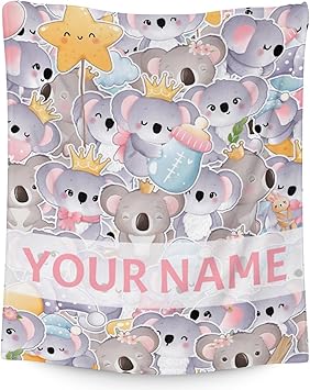 Personalized Koala Blanket Gifts with Name - 60"x80" Cute Throw for Women, Girls - Colorful Soft Fuzzy Blankets for Bed, Couch & Living Room