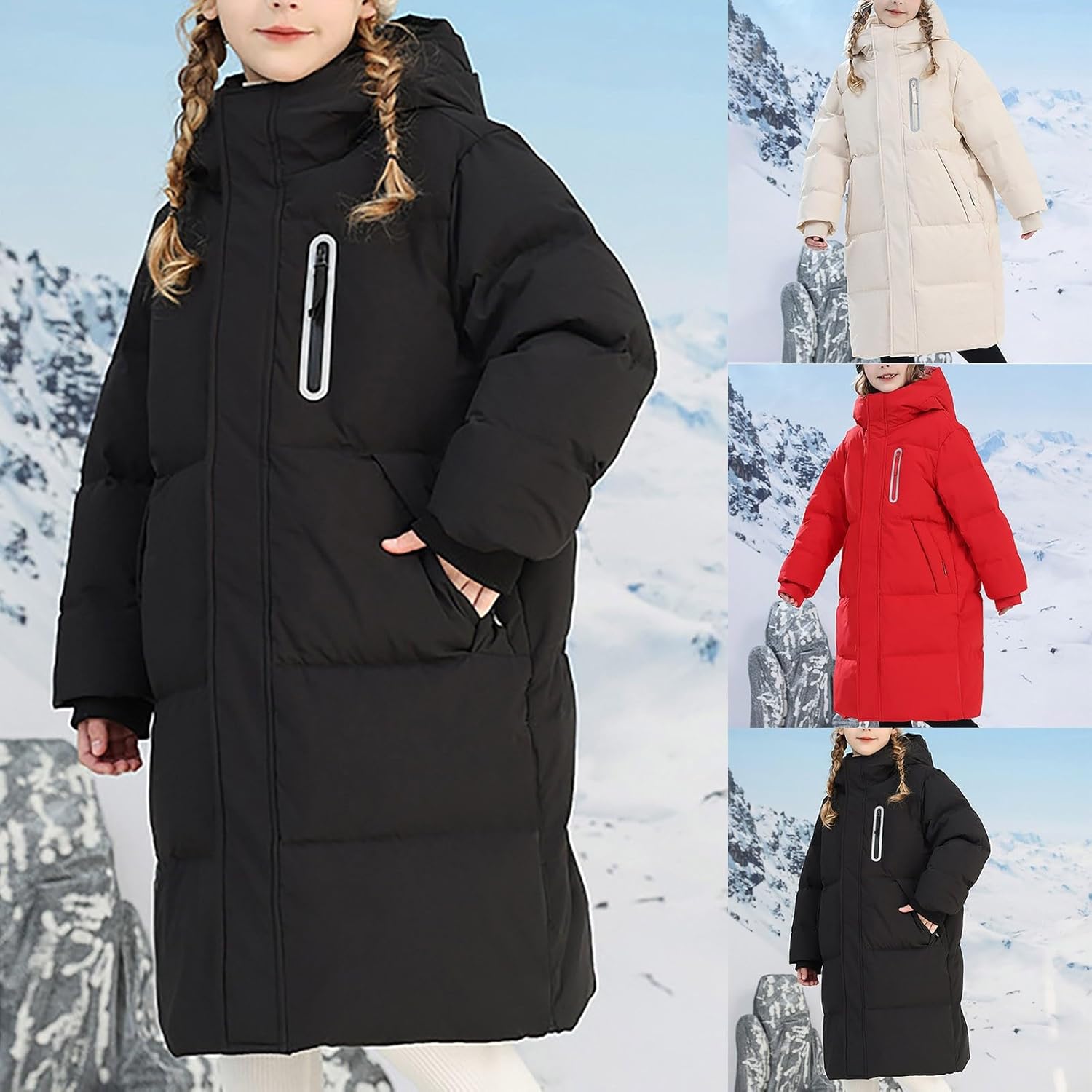Girls Long Hooded Puffer Coats Teen Kids Winter Padded Zip up down Jackets Buttons Front Zipper Pockets Thick Outwear