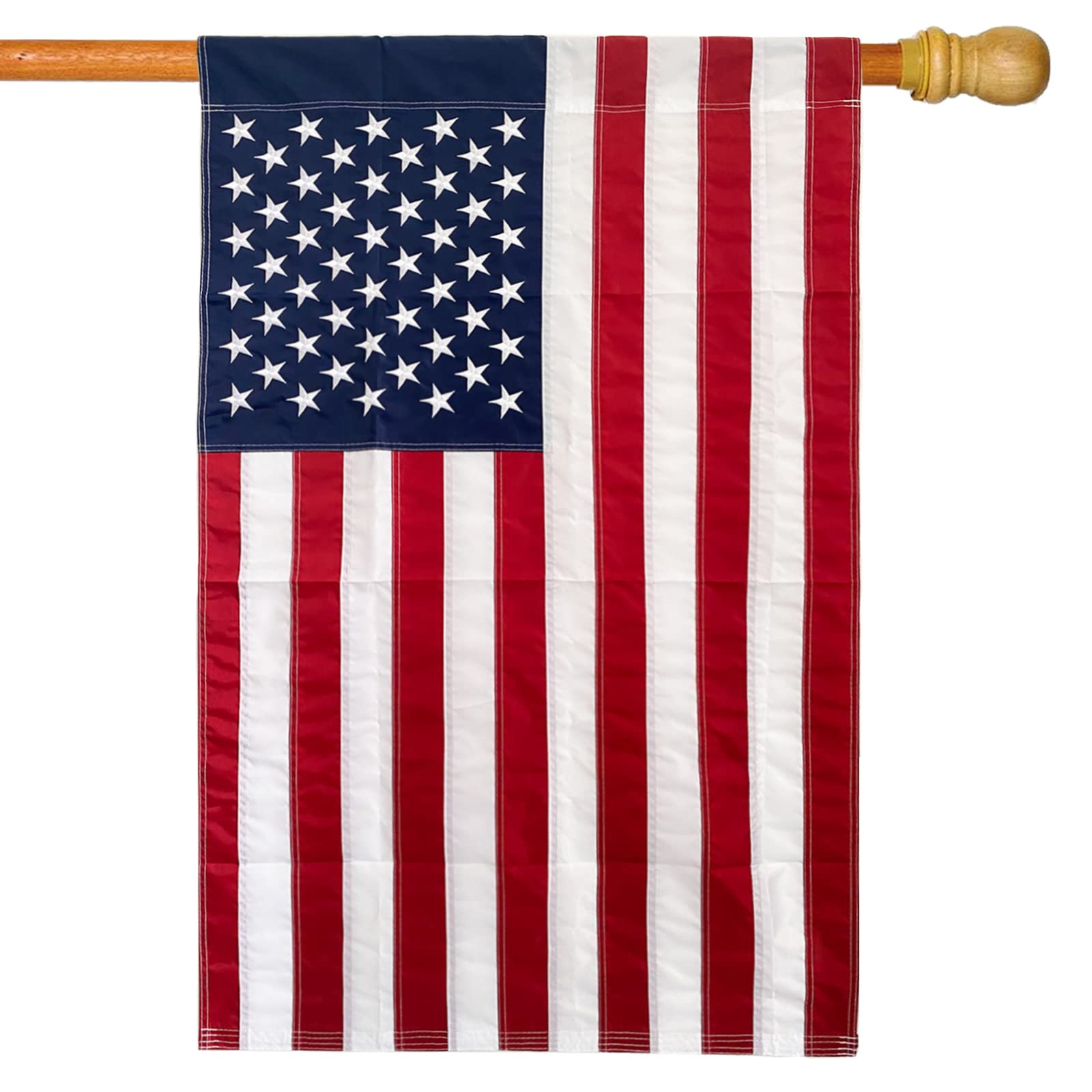 WDGG Embroidered American Flag 28 x 44 on Stick - Sewn Stripes Applique - 4th of July Patriotic Double Sided US Flag for Outdoor (Pole Not Included)