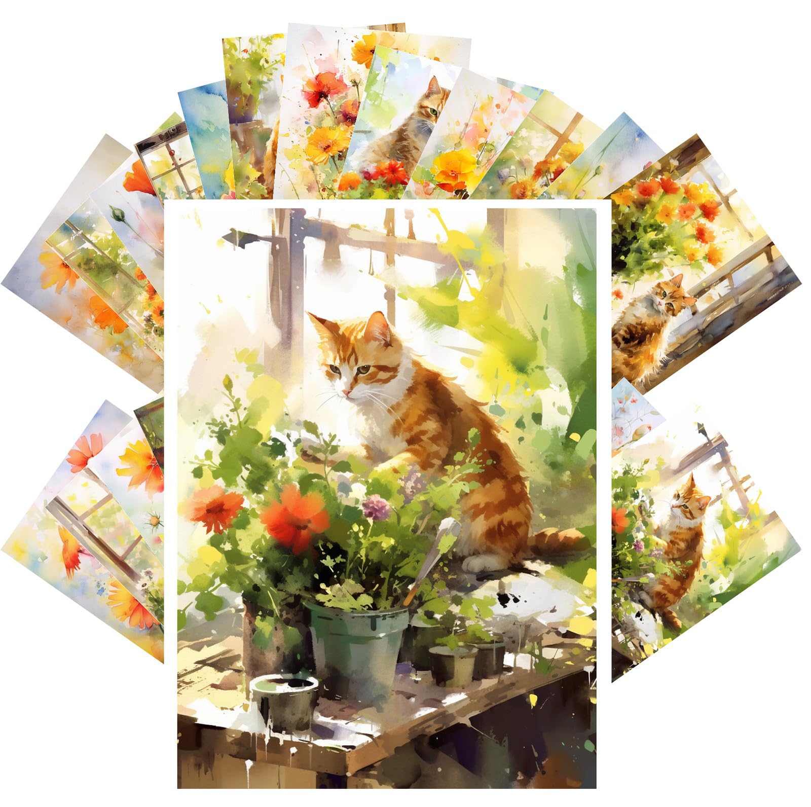 PIXILUV Sunlit Whiskers Among Blossoms: Feline Elegance and Vibrant Poppies in a Watercolor Wonderland - A Serene Homage to Nature's Quiet Moments