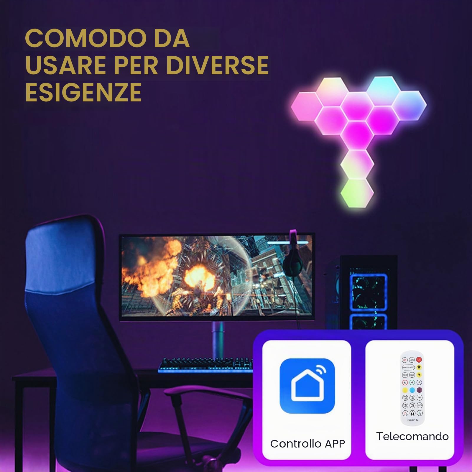 Kavolet Lampada da parete da gioco esagonale a LED, pannello RGB esagonale da 8 pezzi, luce a nido d'ape da gioco con controllo vocale WiFi BT Graffiti fai-da-te, lampada da parete con atmosfera | Esagonale Gaming RGB Pannelli luminosi a nido d'ape con co