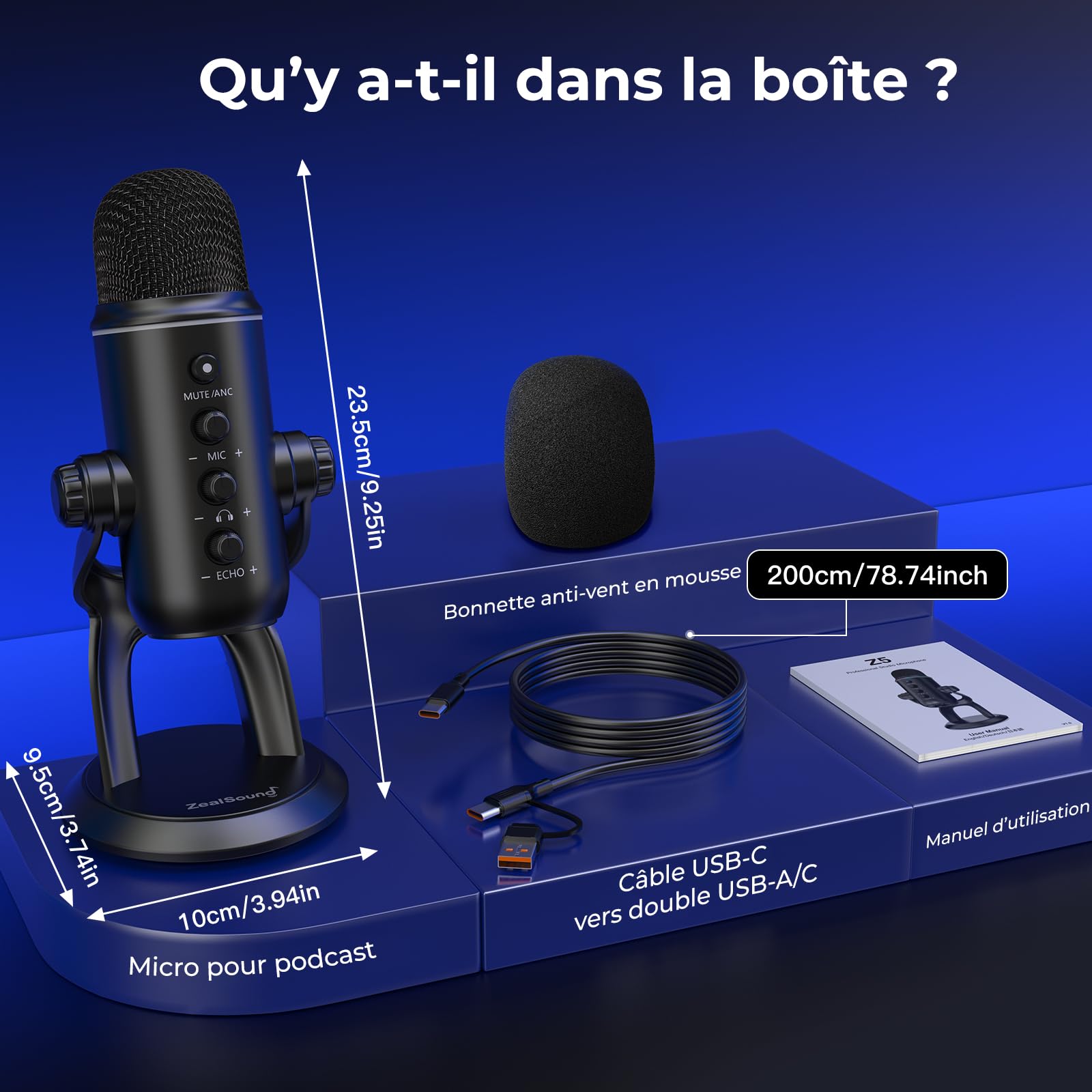 zealsound Microphone USB à Condensateur pour PC avec Réduction du Bruit, Z5 | Podcast Micro pour PC & Téléphone, avec Muet, Contrôle du Gain et Moniteur, Enregistrement, Streaming, Gaming, ASMR, Créateur