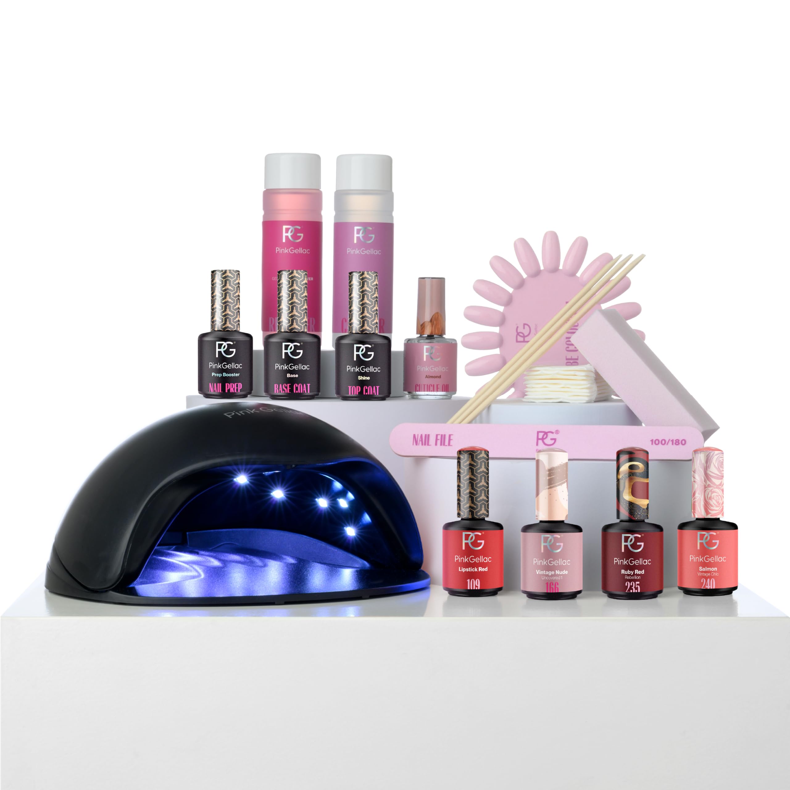 Pink Gellac Kit de Uñas Semipermanentes - Set de Manicura y Pedicura con Pro Lampara Uñas Semipermanentes Negra, 4 Tonos Rojos 15 ml, Top Coat y Base Coat, Removedor y Limpiador - Calidad de Salón