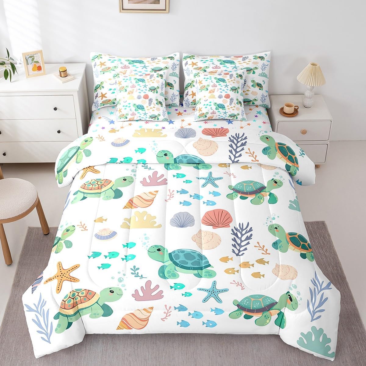 7Pcs Turtle Comforter Set with Sheets, Cartoon Sea Animal Bedding for Toddler Kids Bed in a Bag Bedding Queen Size - 1 Comforter, 1 Flat Sheet 1 Fitted Sheet 2 Pillowcases 2 Throw Pillow Covers