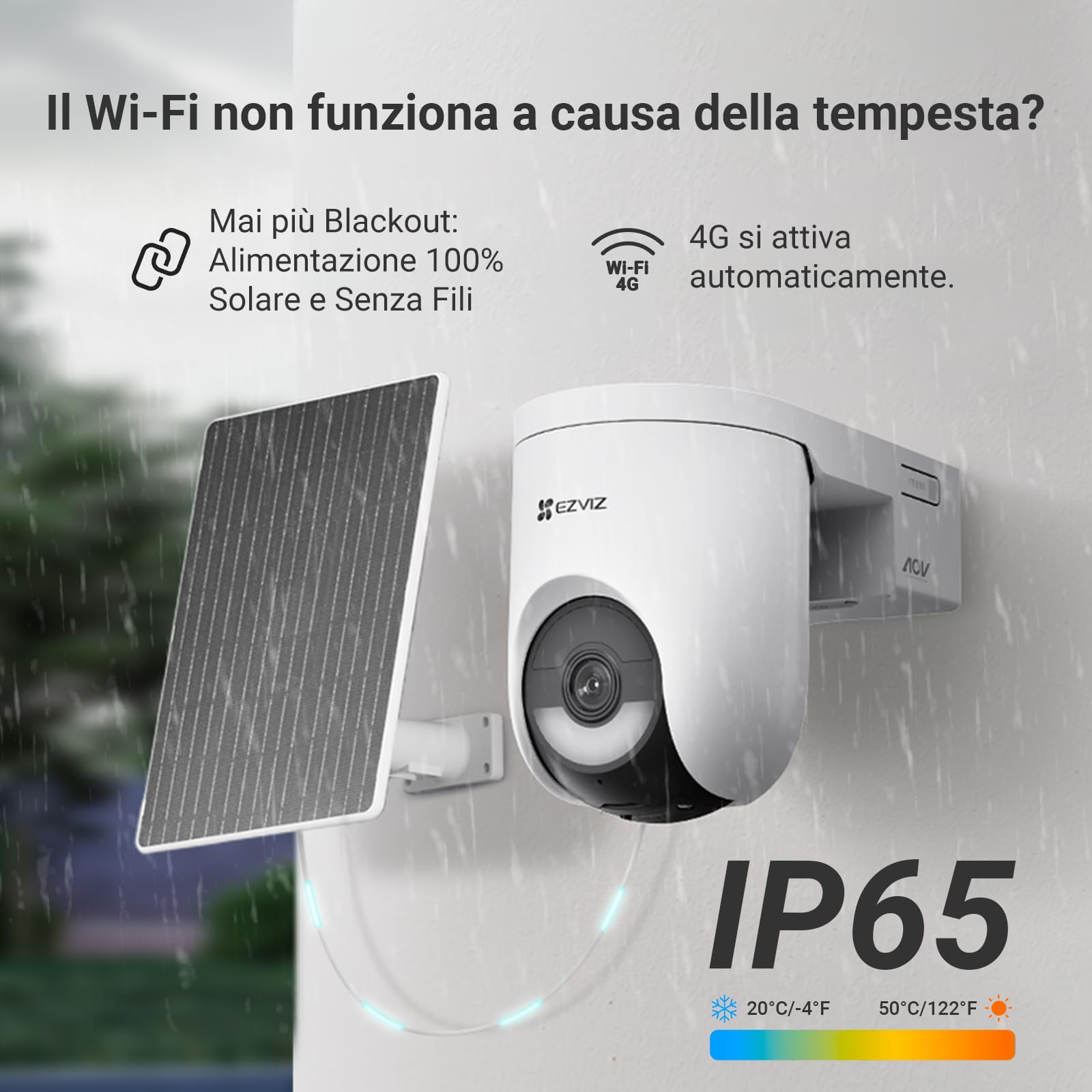 EZVIZ HB8 Lite 4G Telecamera Wi-Fi Esterno Senza Fili con Pannello Solare, Risoluzione 2K+, Scheda SIM Inclusa, Connettività 4G LTE & Wi-Fi 6, Modalità AOV, Rilevamento Umano/Veicoli, PTZ 360°