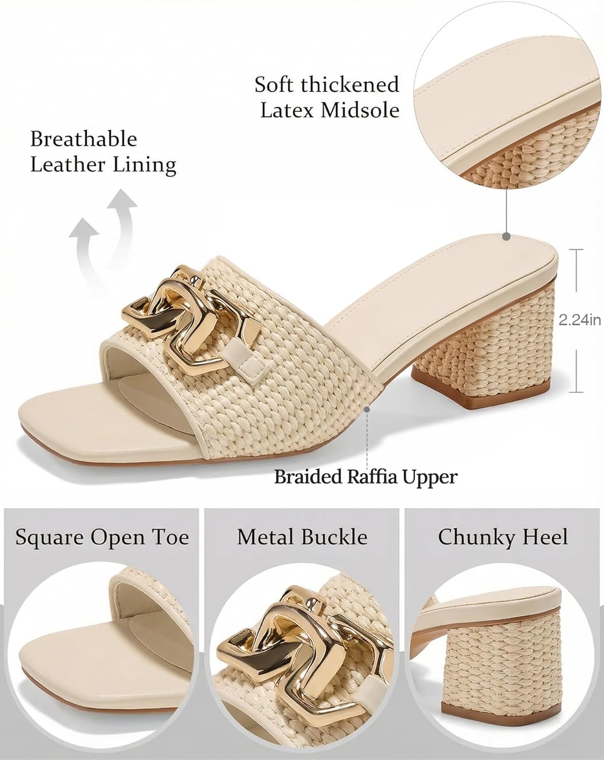Women's Raffia Slide Sandals Square Open Toe Sandal Chunky Heeled Metal Chain Dressy Shoes - Image 6