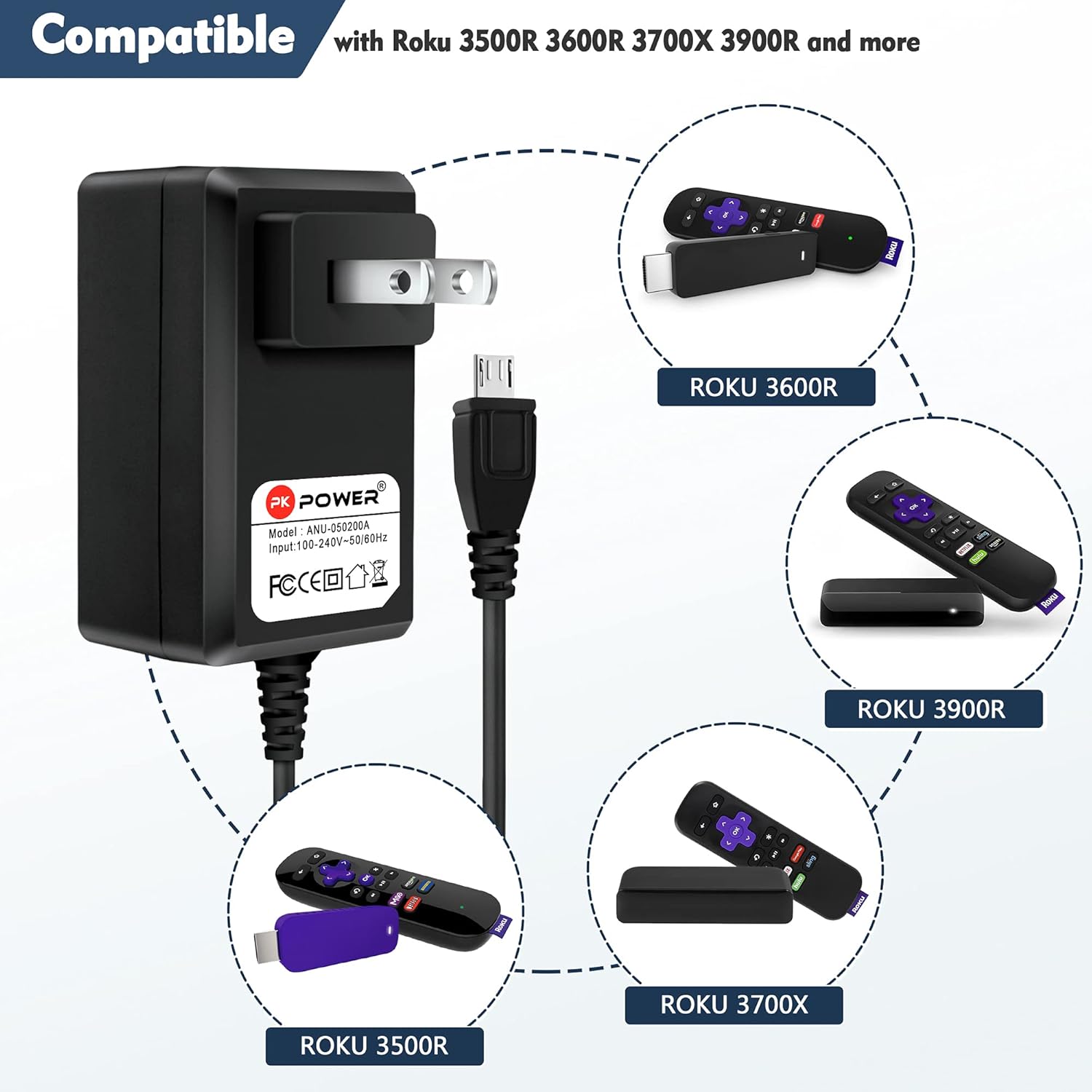 AC Adapter for Roku Streaming Stick USB Adapter Version 3500R 3500RW 3600R 3600RW Power Supply for Express Plus HD 3700R 3700X 3710RW Power Charger 6.6 Ft Cord