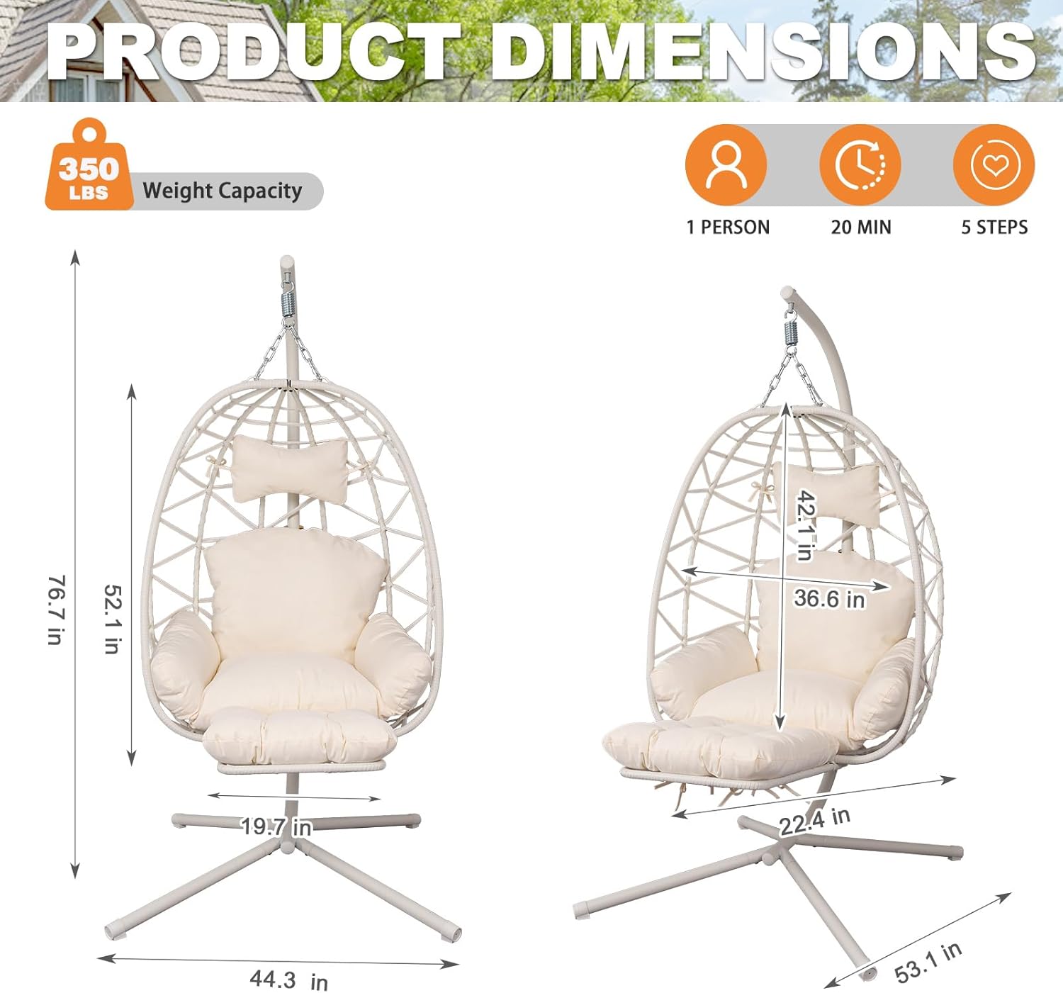 Hanging Egg Chair with Footrest & Stand, Wicker Rattan Swing Hammock Chair with Cushion & Double Chains, 350LBS Capacity for Outdoor & Indoor Patio, Deck, Bedroom, Balcony (White-White)