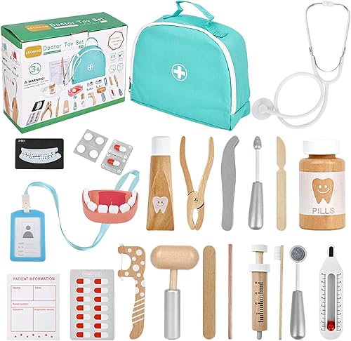 Kit de médico para niños, juego educativo de simulación de dentista, 25 piezas de kit médico de madera con estetoscopio y bolsa, dientes de