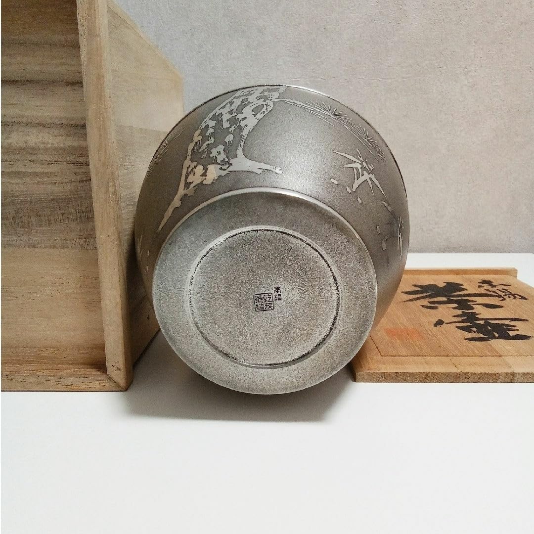 閑明治期薩摩 純正錫 山崎製造 金工細工『竹文』水注 急須 箱