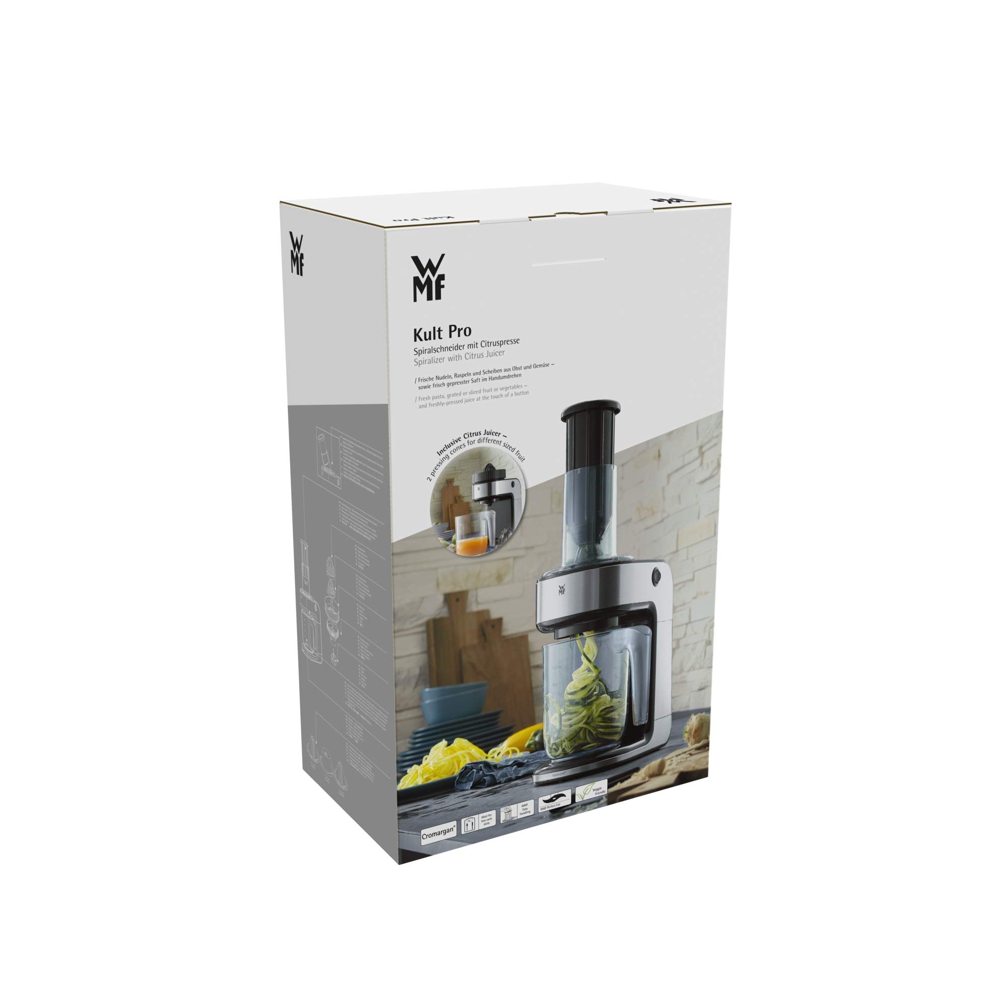 WMF Kult Pro Gemüsenudeln Spiralschneider elektrisch mit Citruspresse, Gemüsespaghettischneider, Zoodle Maker, Zucchini Nudeln Schneider, 3 Schneideinsätze, Auffangbehälter