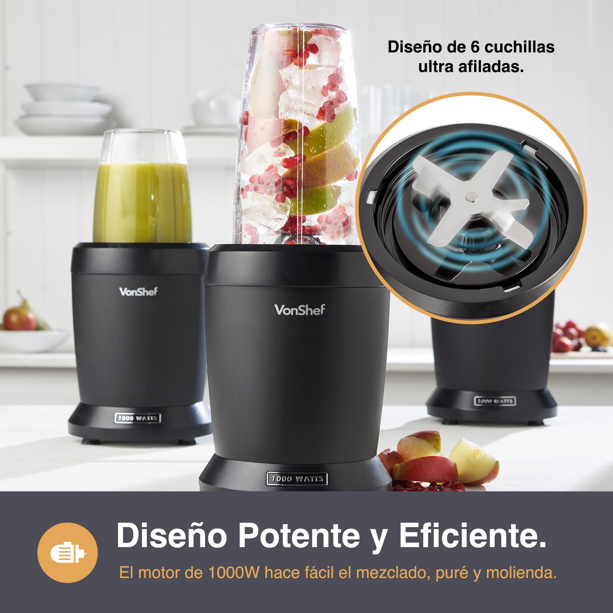 VonShef UltraBlend Licuadora Batidora de Vaso 1000W- Incluye Vaso Grande de 800ml, Vaso de 500ml y 2x Tapas - para preparar Bebidas Deportivas, Batidos de Proteínas, Jugos de Fruta y más