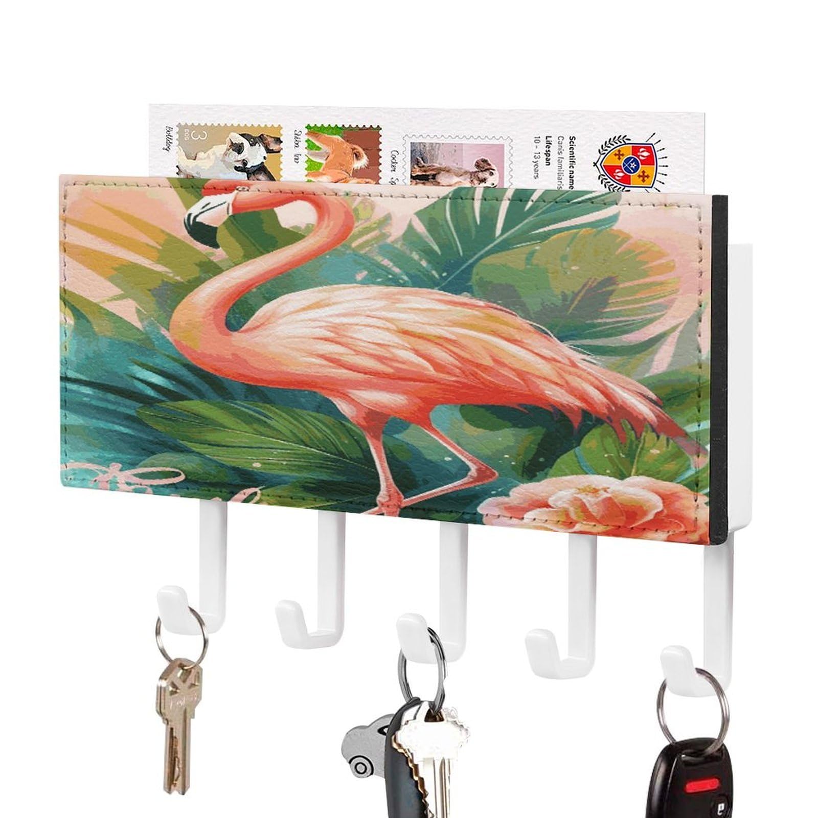 LDGSUPH Tropical Flamingo Key Holder Wall Mount Key Hanger with 5 Hooks Fashion Key Organizer Rack Hanging Key Hooks with Mail Organizer Key Rack for Home Entryway Hallway White-Style