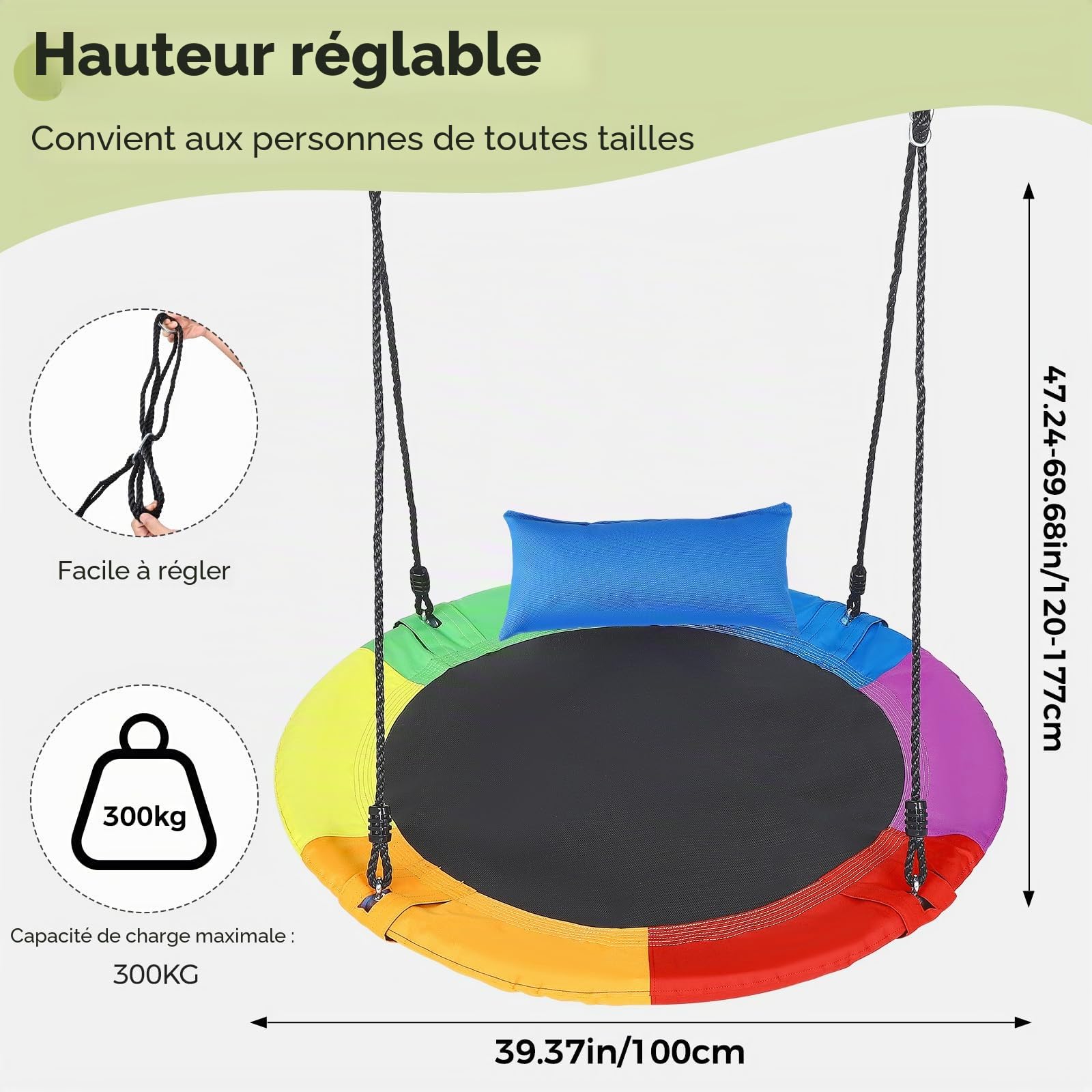 Balançoire Circulaire de 100 cm, capacité de Poids de 300 kg,Oreiller Amovible,Cordes Multi-brins réglables, siège de balançoire sûr et Durable pour Enfants