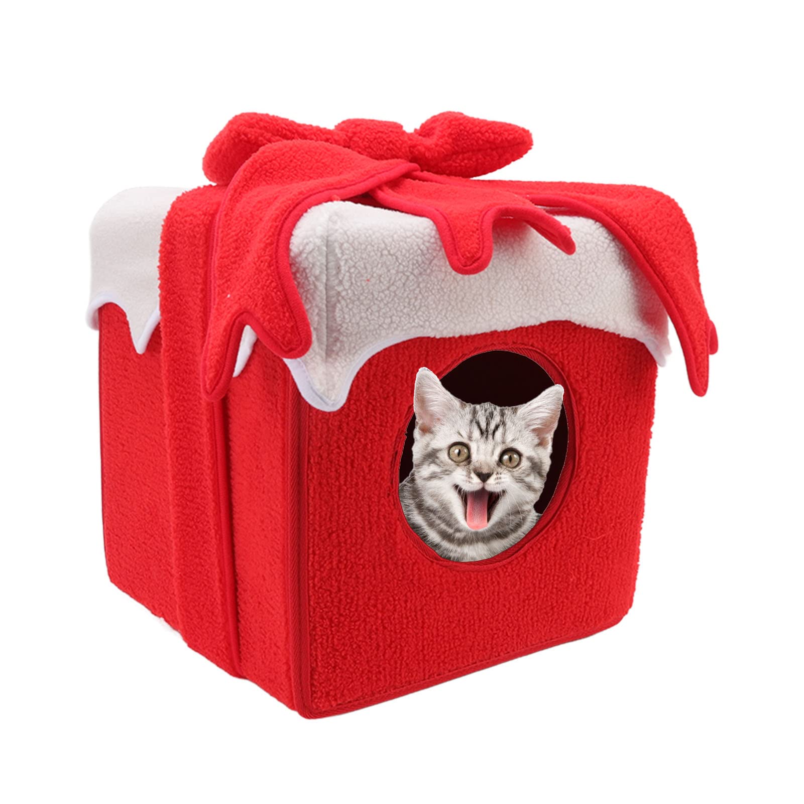 Grotte pour Chat en Forme de Noël, Lit Doux avec Boîte Cadeau,