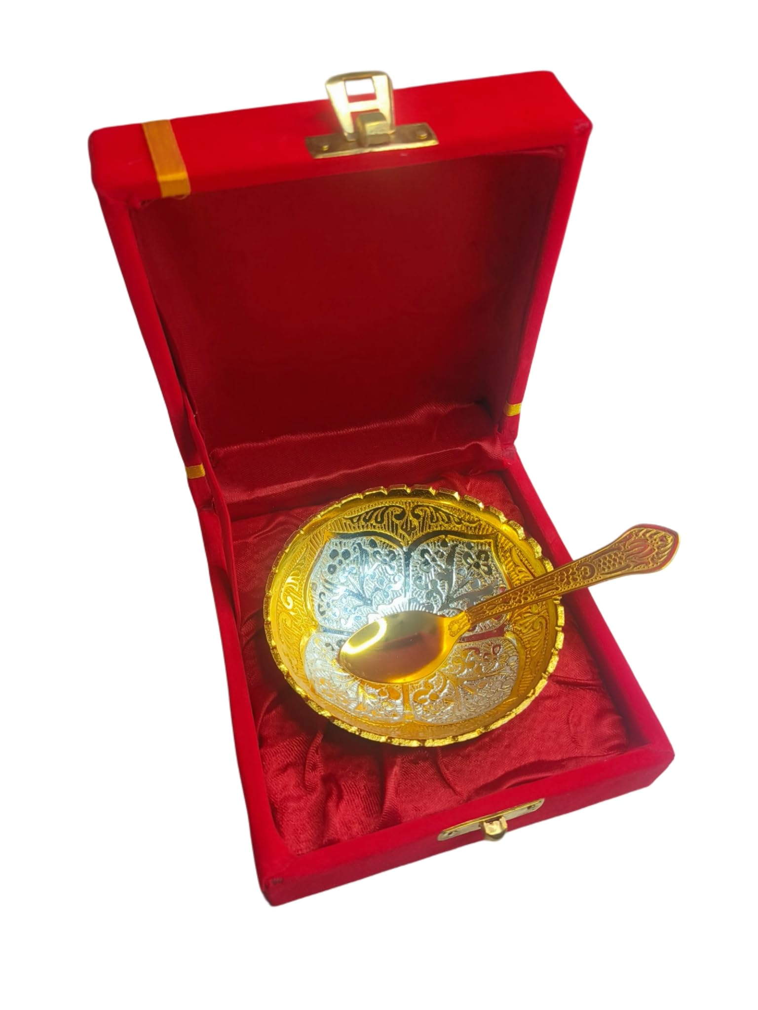 Indicraftsvilla Luxury Gold and Silver Plated Decorative Bowl with Spoon in Red Velvet Gift Box, Traditional Indian Style, Metal Serving Dish Set-picture-18
