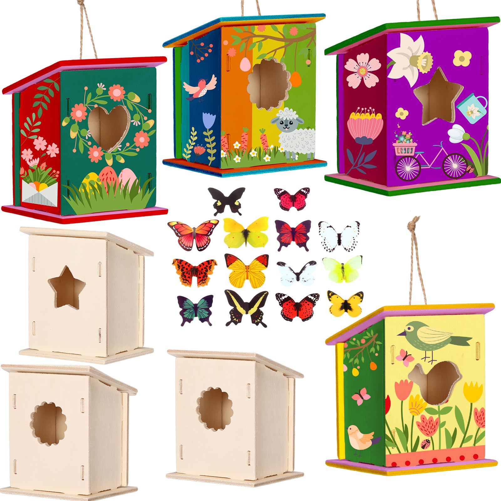 Outus 12 Pcs Wooden Birdhouse Craft Kits to Build, 4 Shapes Wooden Unfinished Bird House with Butterfly Sticker for and Arts Crafts Bulk Painting Kits