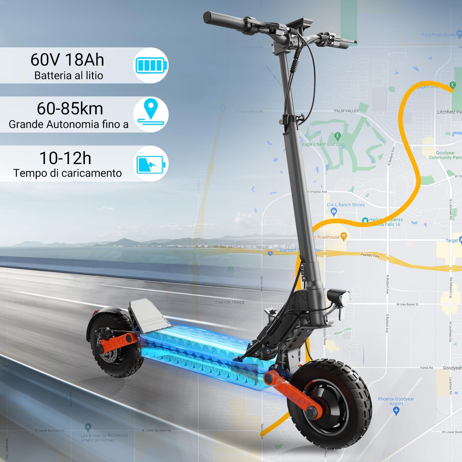 JOYOR Monopattino Elettrico, 60-90KM 48/60V 18Ah, Carico 150kg, Doppio Ammortizzatore e Freni a Disco Anteriori e Posteriori, Monopattino Elettrico per Adulti Pieghevole
