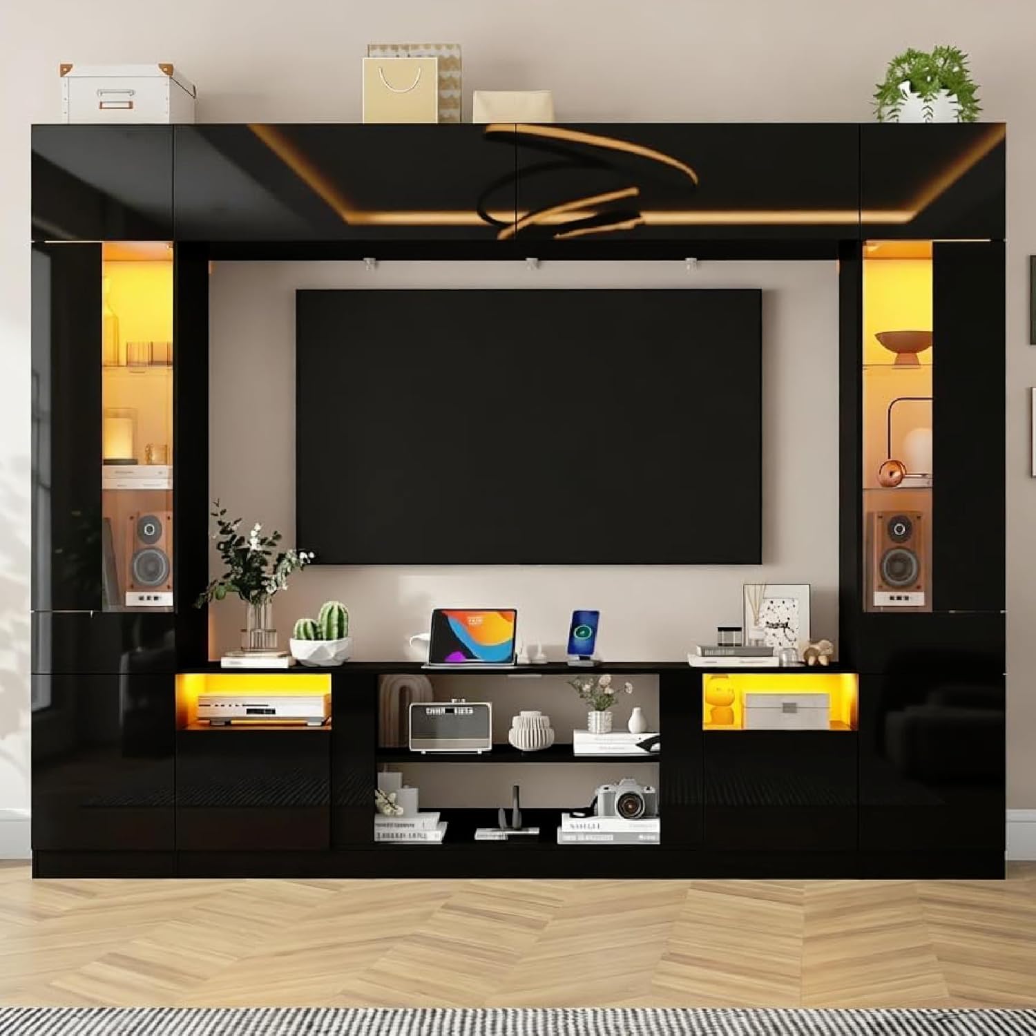 St.Mandyu 107" Wall Unit Entertainment Center with Bookshelves, Modern High Glossy TV Stand with Storage Shelves & Bridge Cabinet & LED Lights, Media Console for Living Room Home Theater,Black