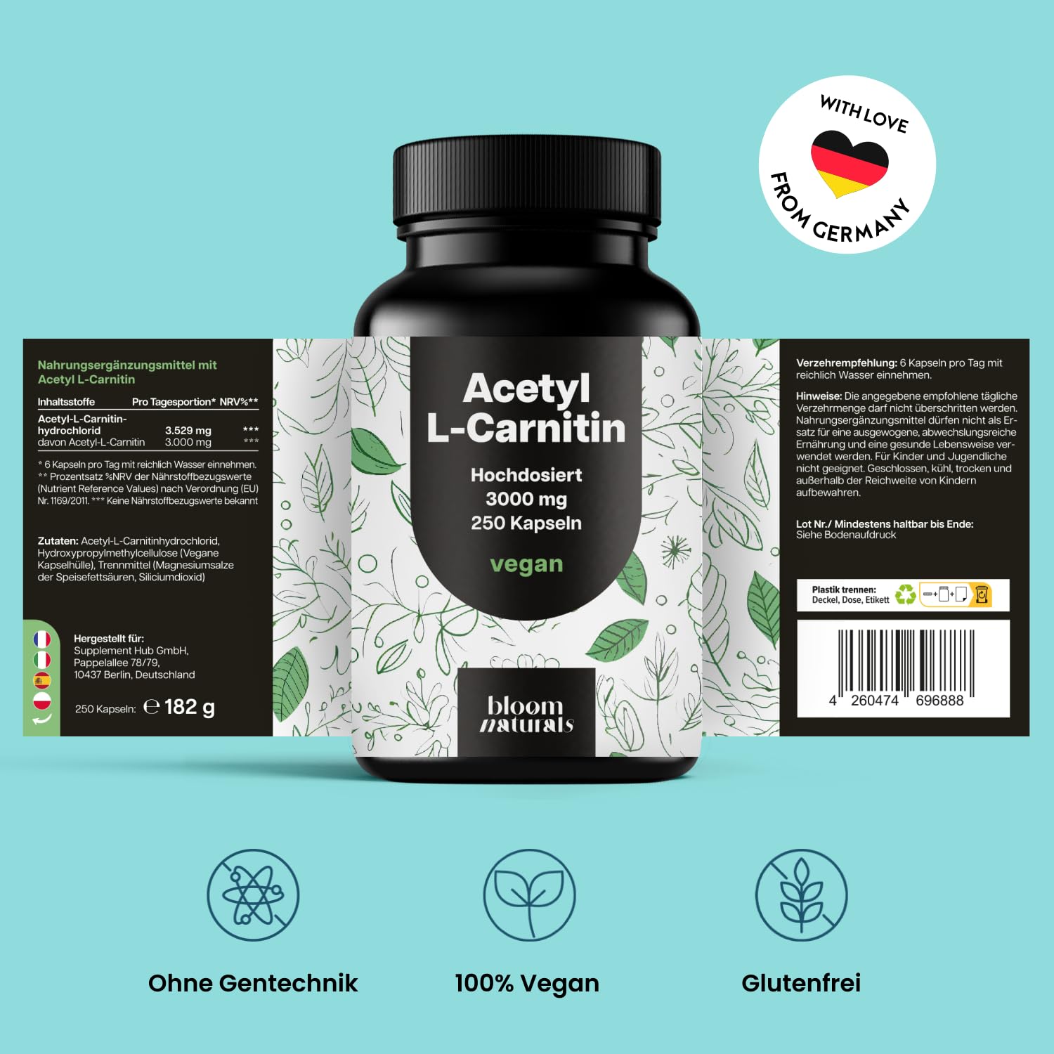 Acetyl-L-Carnitin – 500 mg pro Kapsel – 250 Kapseln – 3000 mg pro Tagesportion – Vegan – produziert in Deutschland - Acetyl L Carnitin Kapseln Hochdosiert - Verpackung kann variieren - Laborgeprüft