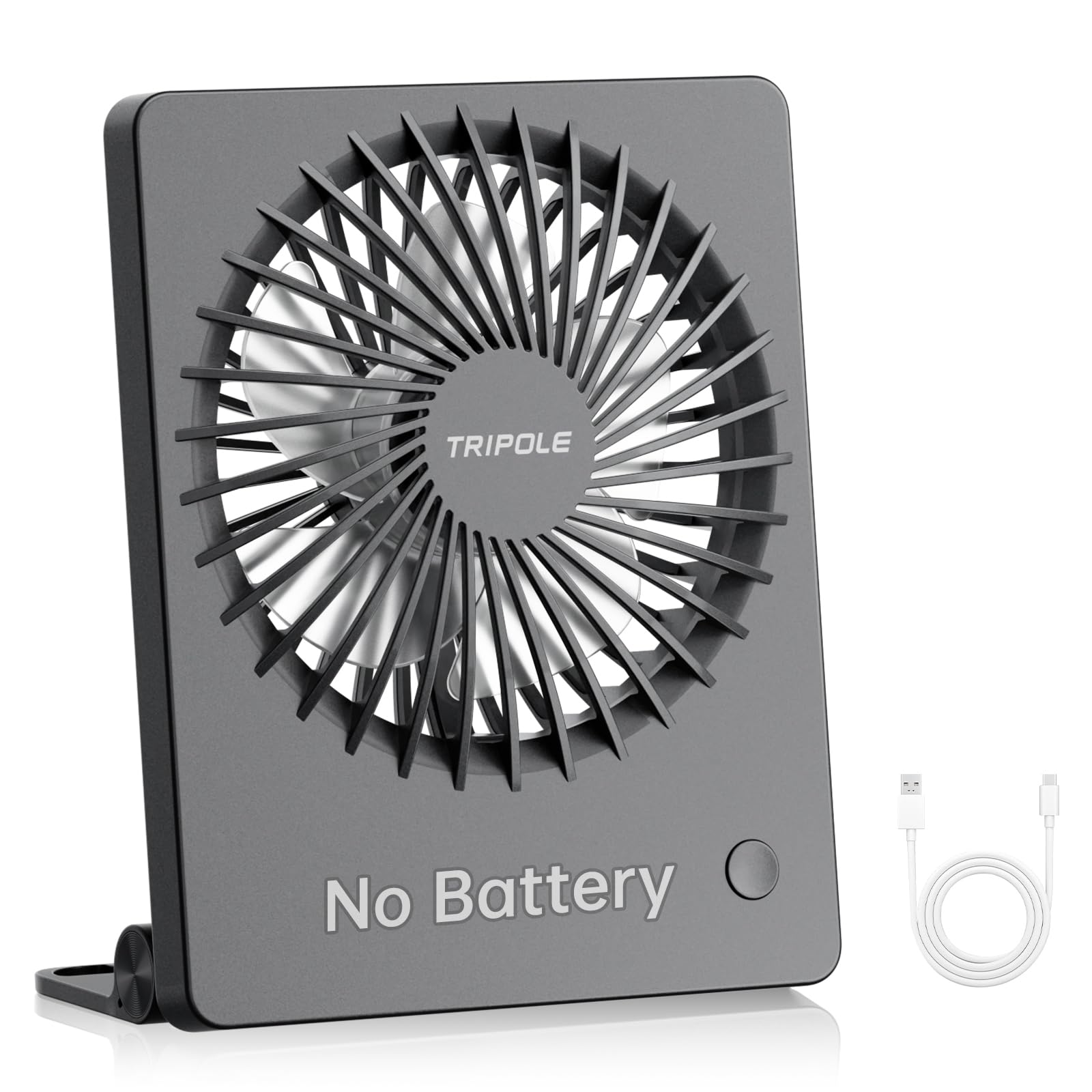 TriPole Mini Desk Fan in black, showing its compact size and USB connection.