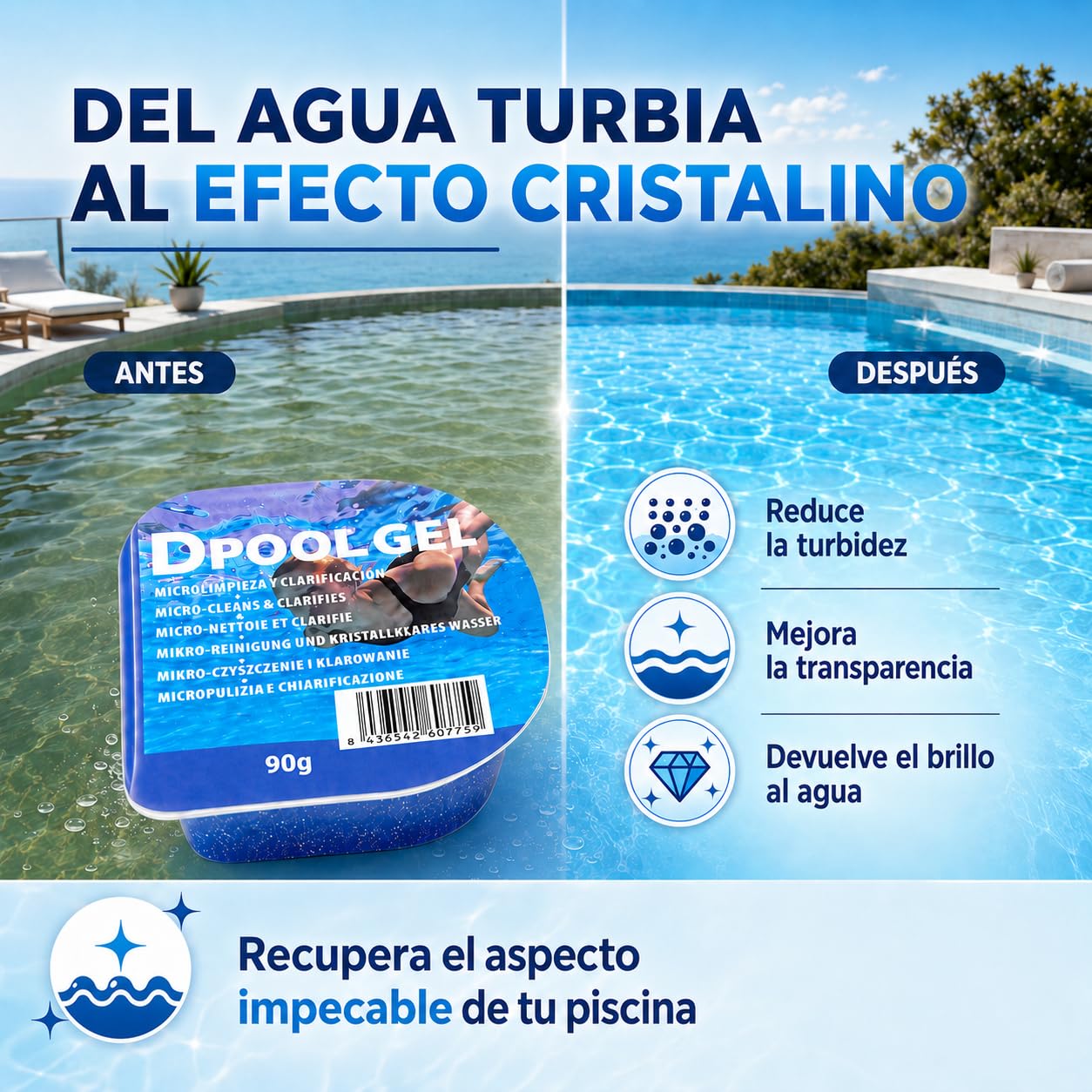 DIASA INDUSTRIAL Pack 6 UDS Gel Clarificante Piscinas Dpool Gel - MONODOSIS 90 GR - Agua Piscina cristalina