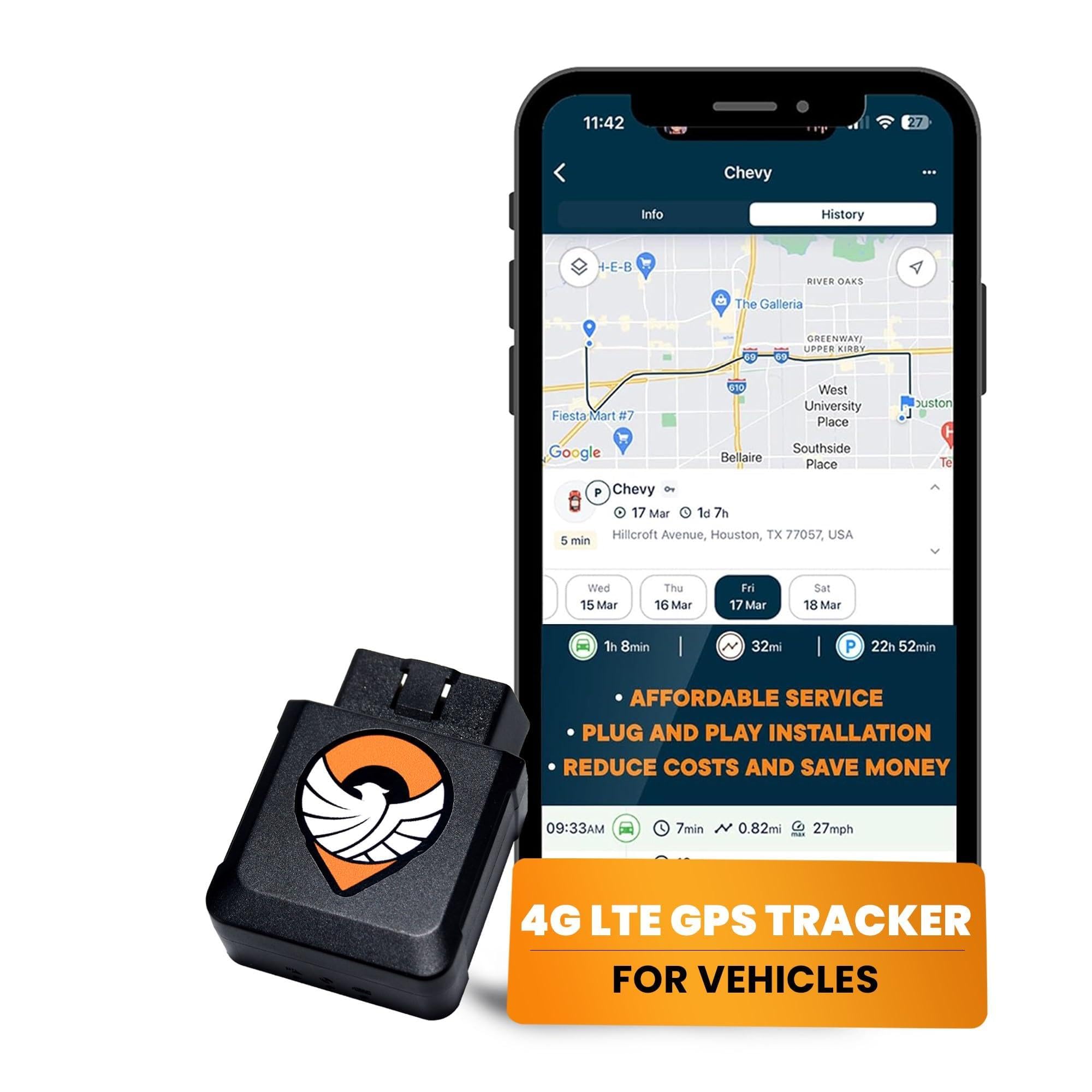 Trackhawk OBD GPS Tracker for Vehicles - Plug & Play 4G LTE Tracker for Cars, Trucks, SUVs, and Fleets - Live Tracking, Geofence Alerts, Speed Monitoring, Subscription Required