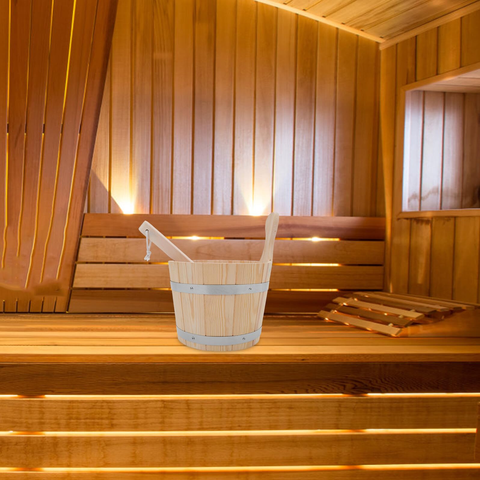 NUOBESTY Holzsaunaeimer 5L mit Holzschaufel Auslaufsicherer Saunaeimer mit Griff Saunazubehör für Dampfbad Spa und Garten