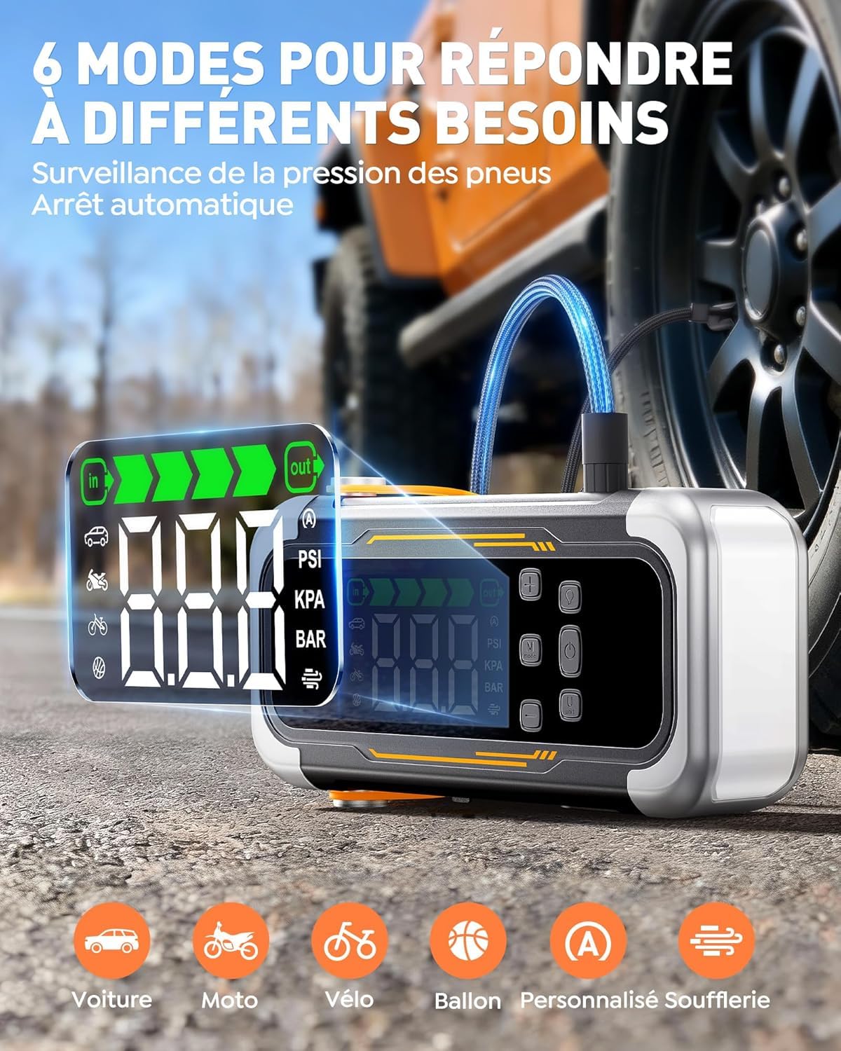 UTRAI Booster Batterie Voiture avec Gonfleur 7000A, Demarreur Batterie Voiture avec Sortie PD 30W, Souffleur, Lampe LED D’Urgence 800 Lumens, Jump Starter Applicable à Tous Gaz ou 10L Diesel
