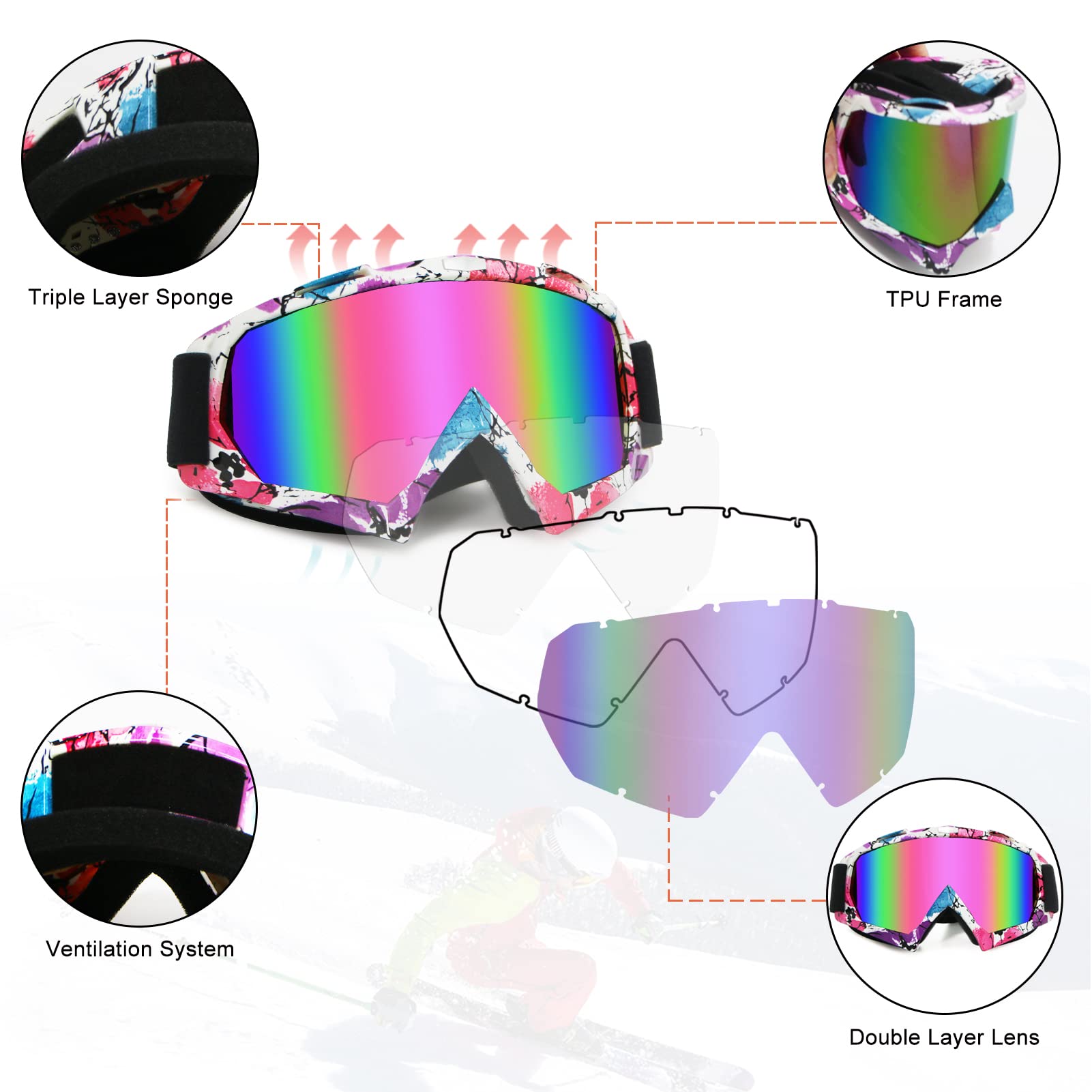 Gafas de motocross, motocross, motocross, gafas MX todoterreno para hombres, mujeres, adultos, jóvenes, carreras (marco de flores + lente rosa)