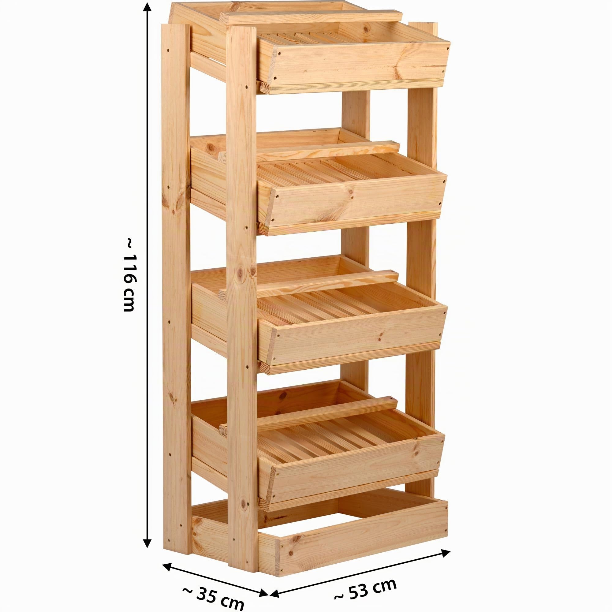 dobar Green label Étagère de rangement pour fruits et légumes, caisse à fruits en bois, avec 4 compartiments et 4 caisses empilables, 53 x 35 x 116 cm, naturelle