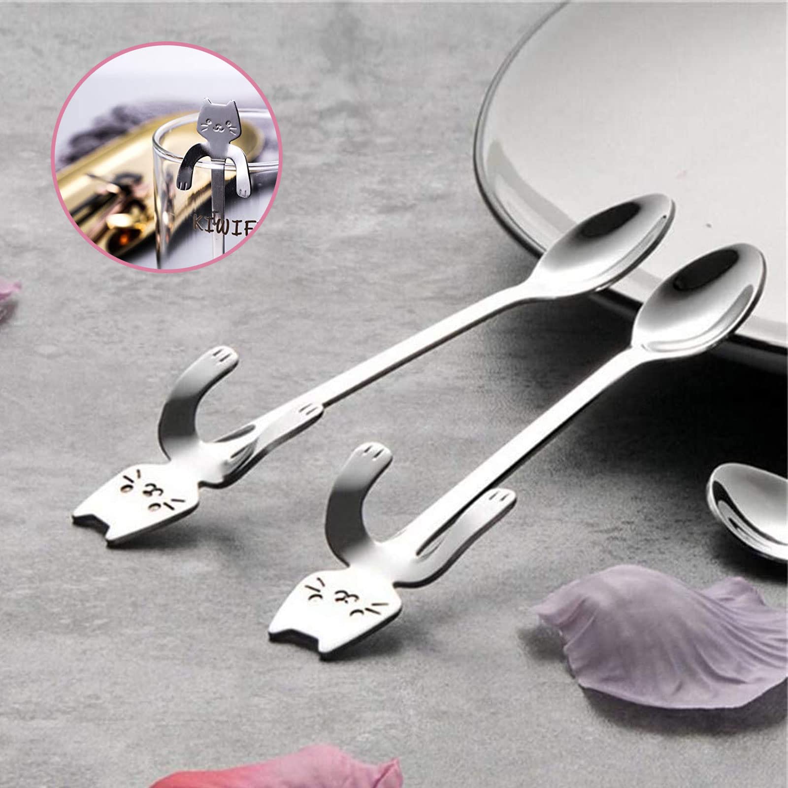 Set 6 Cucchiaini Da Dessert In Acciaio Inox A Forma Di Gatto – 12 Cm, Per Caffè, Latte, Gelato, Regalo Divertente