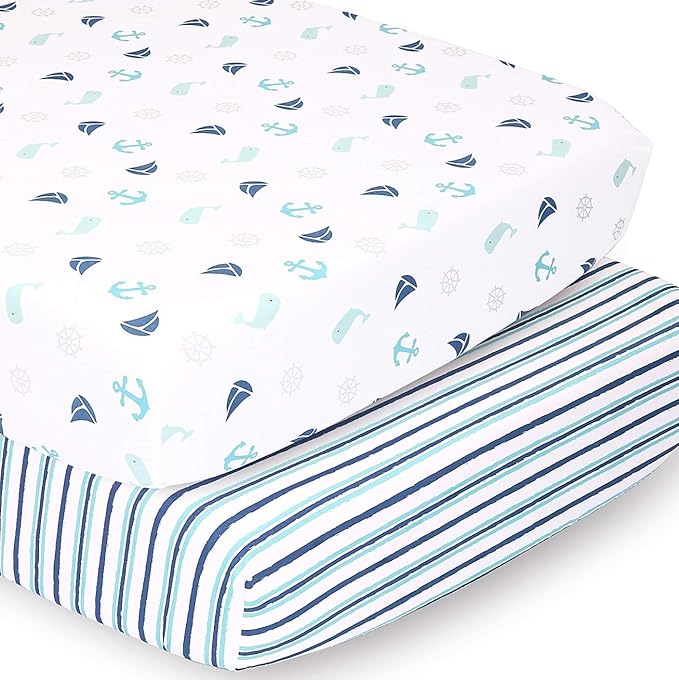 The Peanutshell Nursery,Bedding,Cot Bedding,Sheets The Peanutshell Nautical & Striped Crib Sheets for Baby Boys or Girls | 2 Pack Set