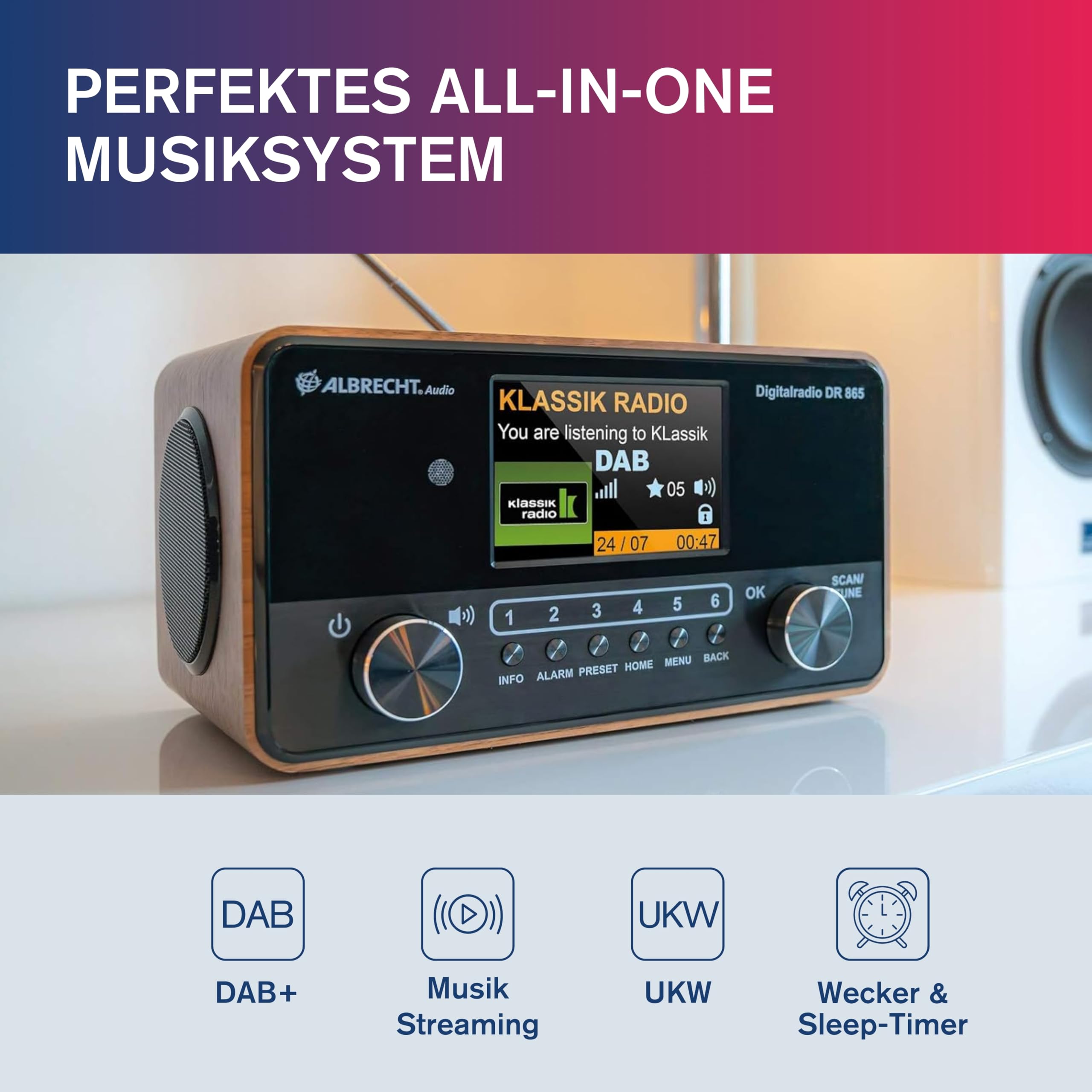 Albrecht DR 865 Senioren-Radio mit 4" Farbdisplay, rauschfreies DAB+ Digital-Radio mit brillantem Klang, seniorengerechte Bedienung, Kompakt-Anlage, mit ASA-Warnmeldungen