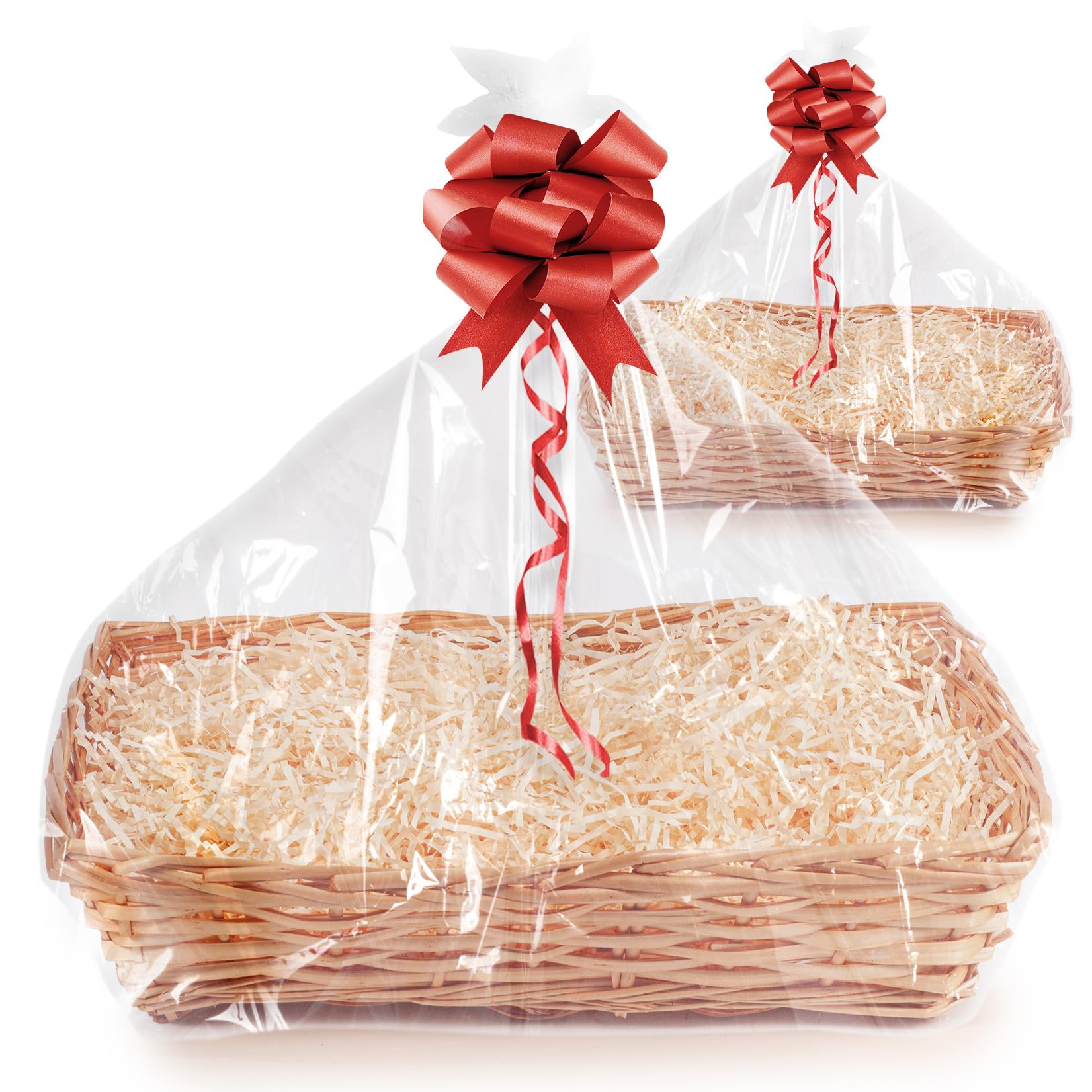 Woodluv Set of 2 Handwoven Wicker Gift Hamper Baskets, Honey Finish with Red Ribbon, DIY Empty Hamper Kit, Stylish Storage & Presentation Basket for Christmas, Birthdays, Weddings, and Festive Gifting
