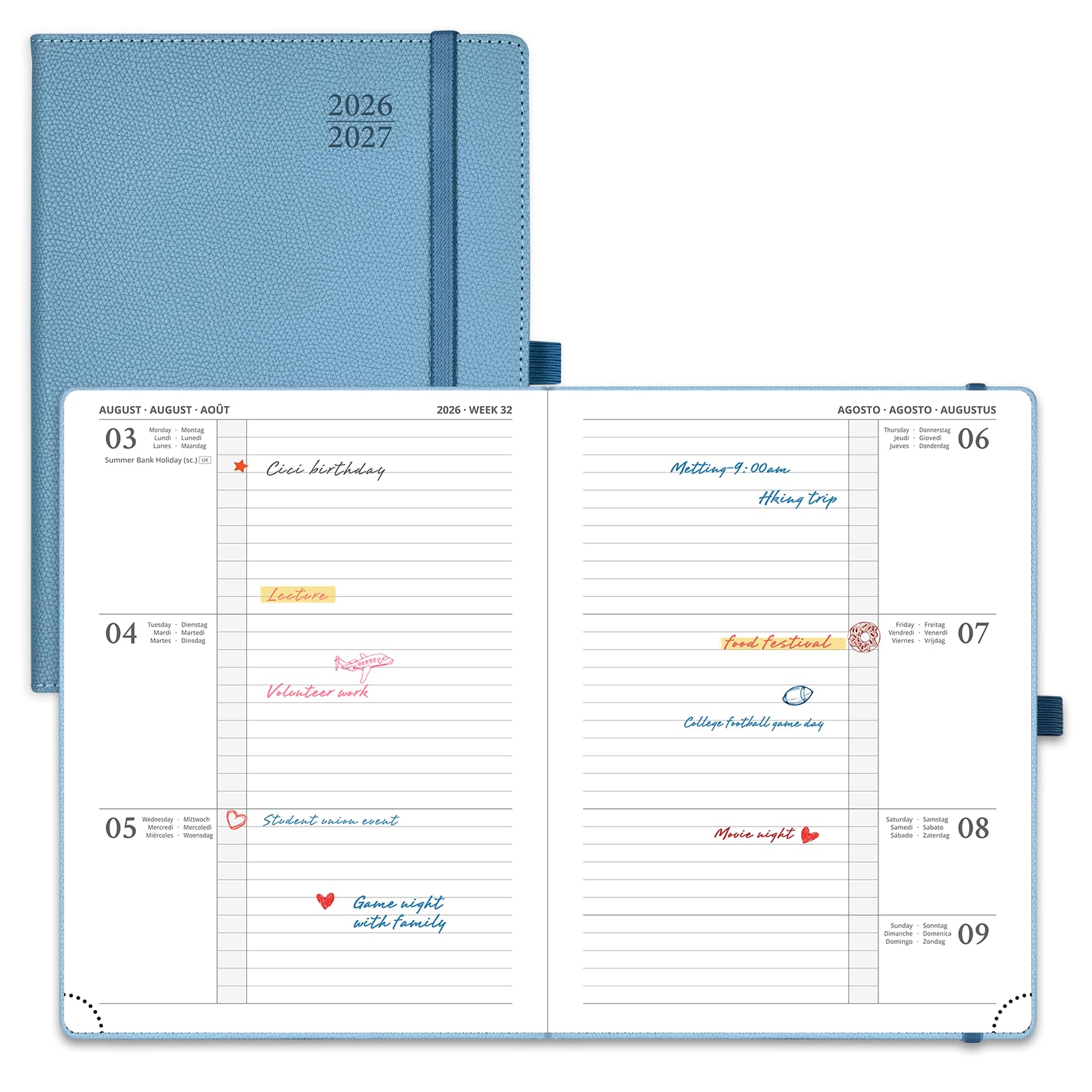 POPRUN A5 Academic Diary 2026-2027 Hardback Week to View (22x16.5 cm) 26/27 Horizontal Weekly Planner 17 Months (Aug'26 - Dec'27) Mid Year(Aquamarine) — image 1