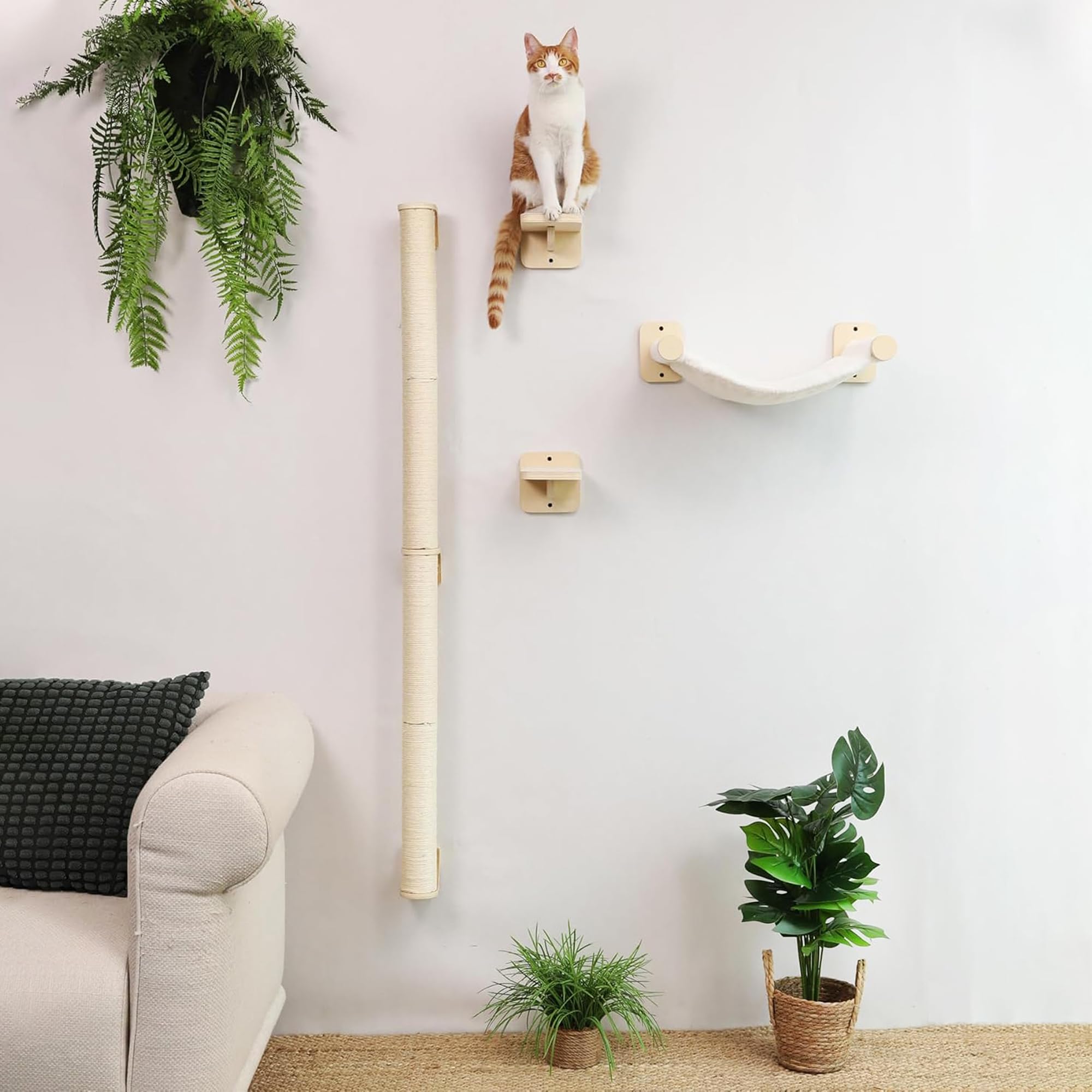 FUKUMARU Wandkratzsäule Katzen, 154 cm großer Kratzbaum zur Wandmontage, Stabiler kratzbaum Wand aus Sisal
