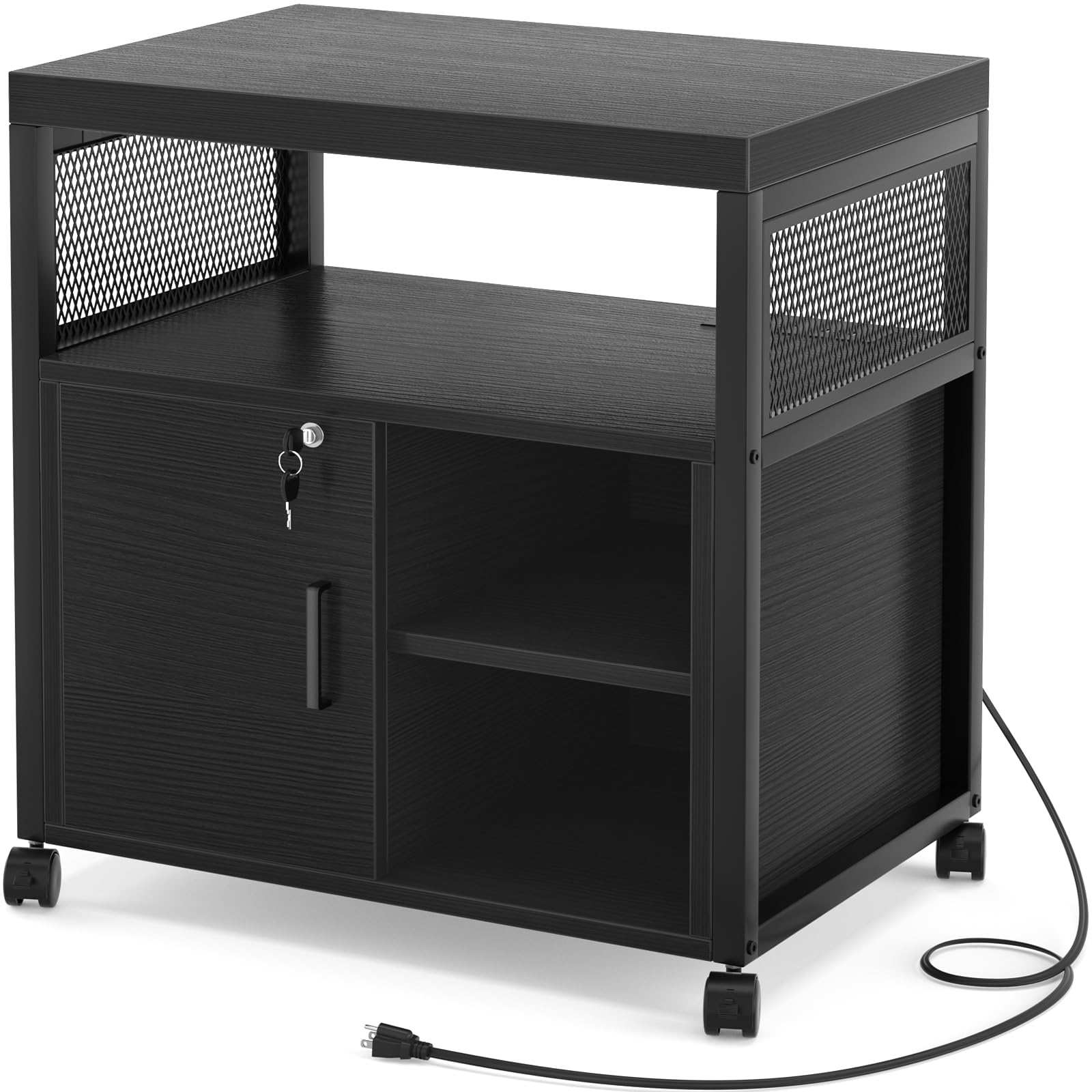 Unikito Lateral File Cabinet Locking Office Printer Stand with Sockets and USB Charging Ports Modern Rolling Printer Desk — view 8