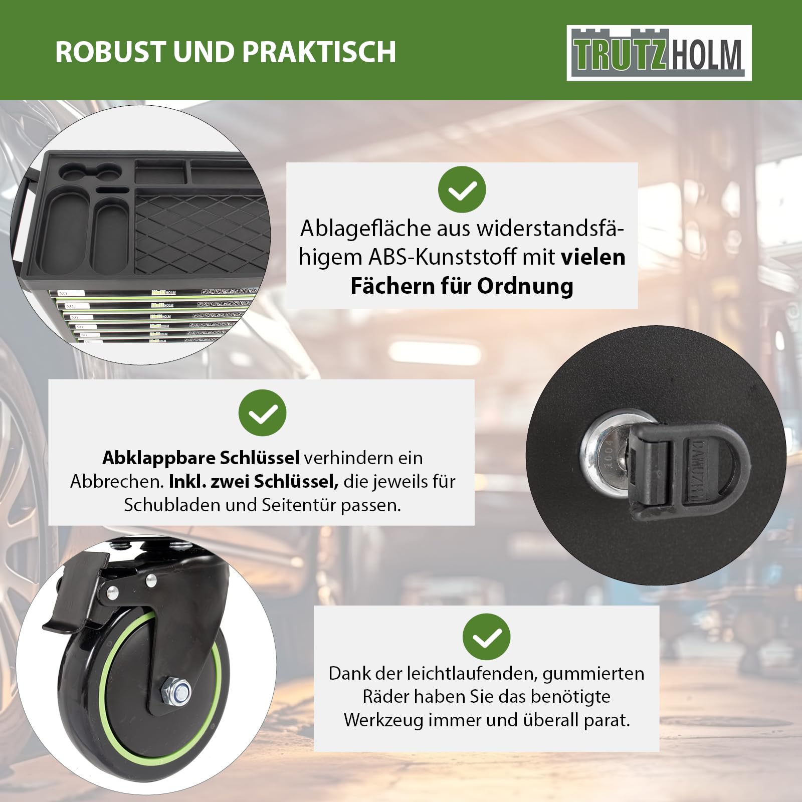 TRUTZHOLM Werkstattwagen bestückt 254tlg. Chrom Vanadium Werkzeug 7 Schubladen Seitentür Softclose Zentralverriegelung Interloc Montagewagen gefüllter Werkzeugwagen Drehmomentschlüssel, Knarren etc.