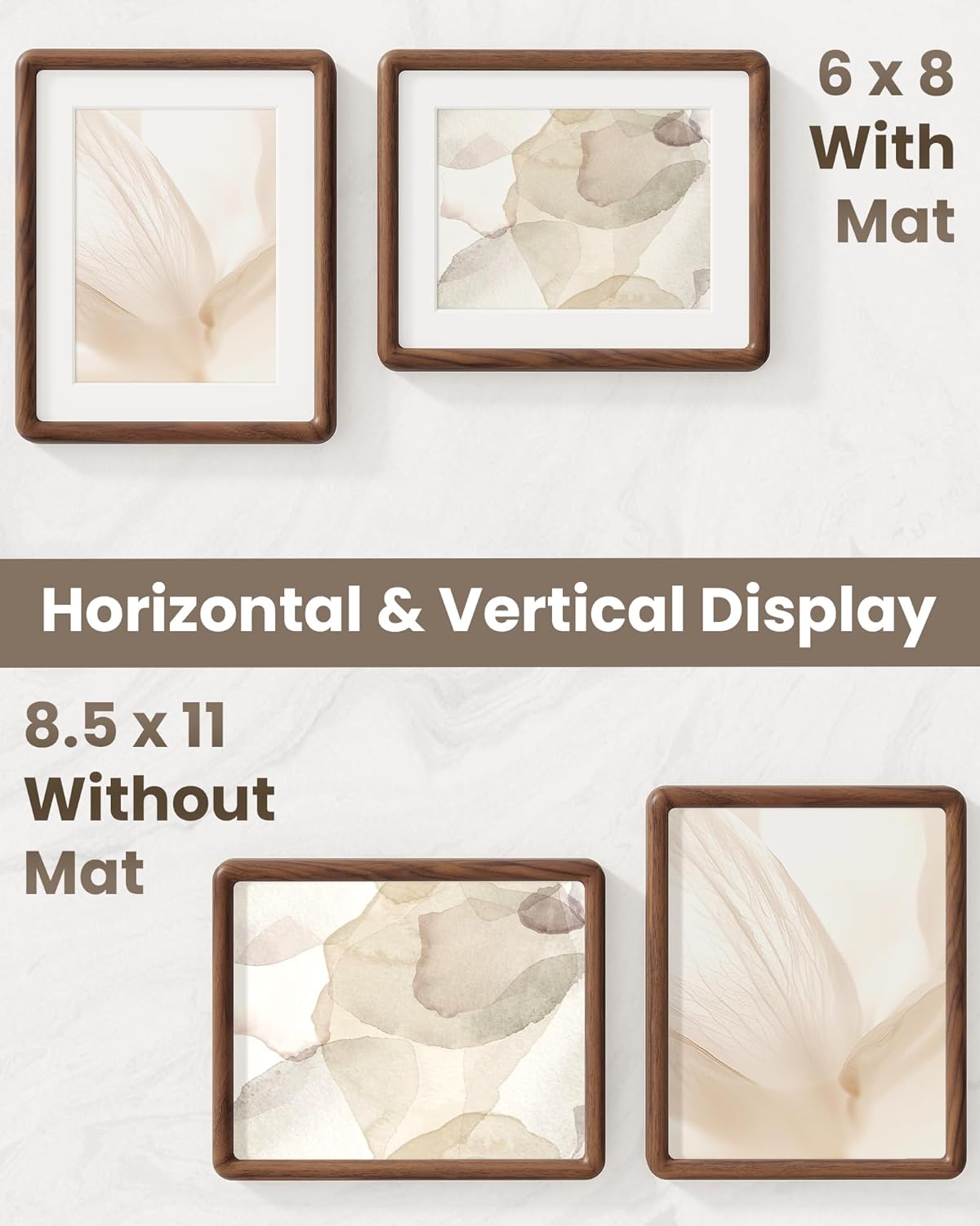 RICHFOCUS 8.5x11 Picture Frame Natural Solid Walnut Wood Rounded Corner Curved Photo Frame Double Tenon Reinforced with HD Tempered Glass, Display Photos 6x8 with Mat or 8.5x11 Without Mat