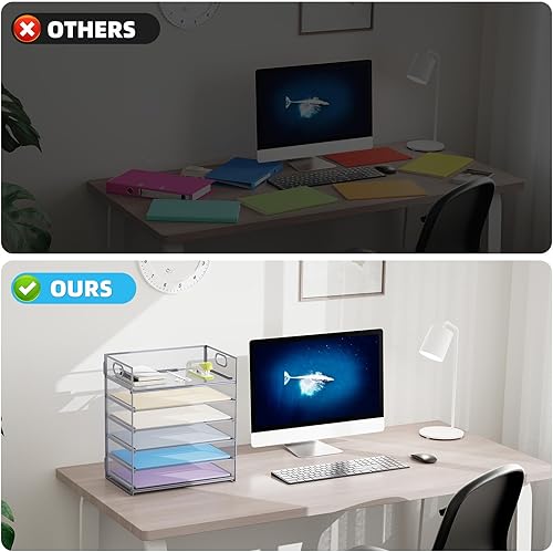 Miniatura 5 de Marbrasse Bandeja organizadora de papel de 6 niveles, organizador de archivos de escritorio de malla con asa, organizador clasificador de papel para